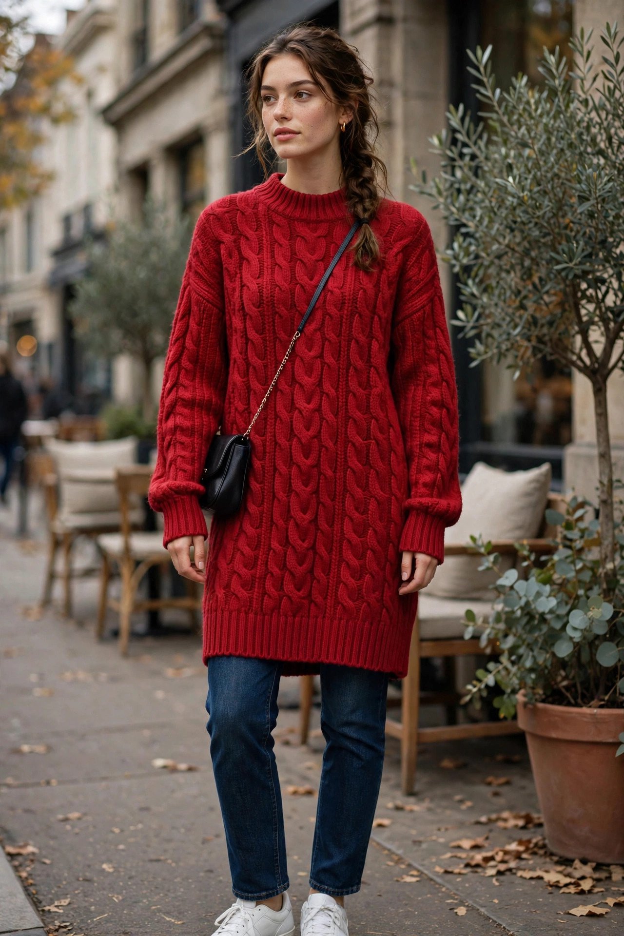 Woman in a beige-toned knit dress