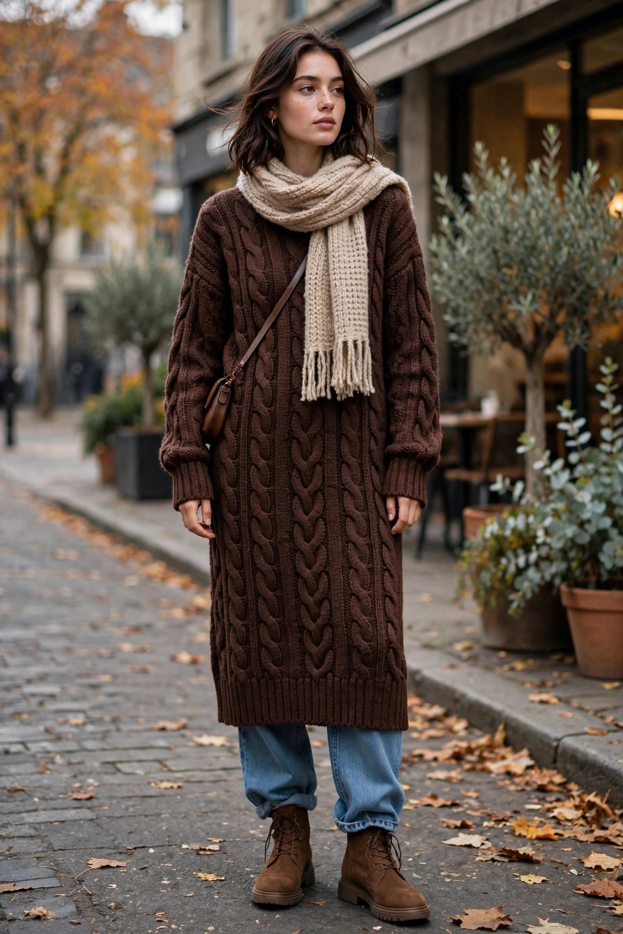 Woman wearing a sweater dress, urban casual