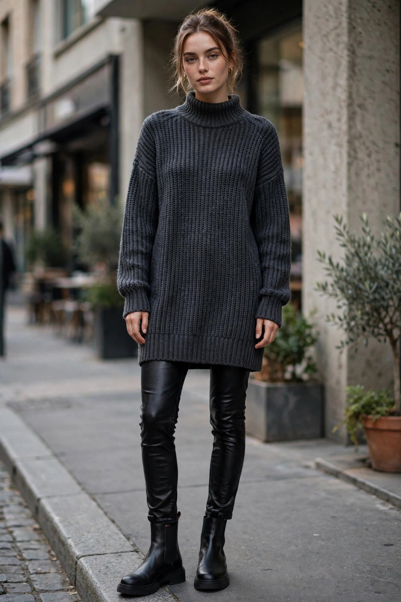 Woman in a knit dress, city casual look