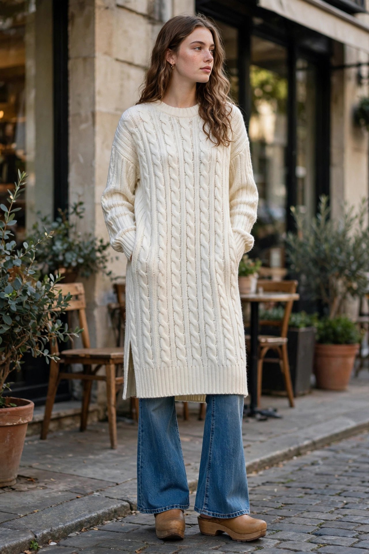 Woman wearing a sweater dress in autumn