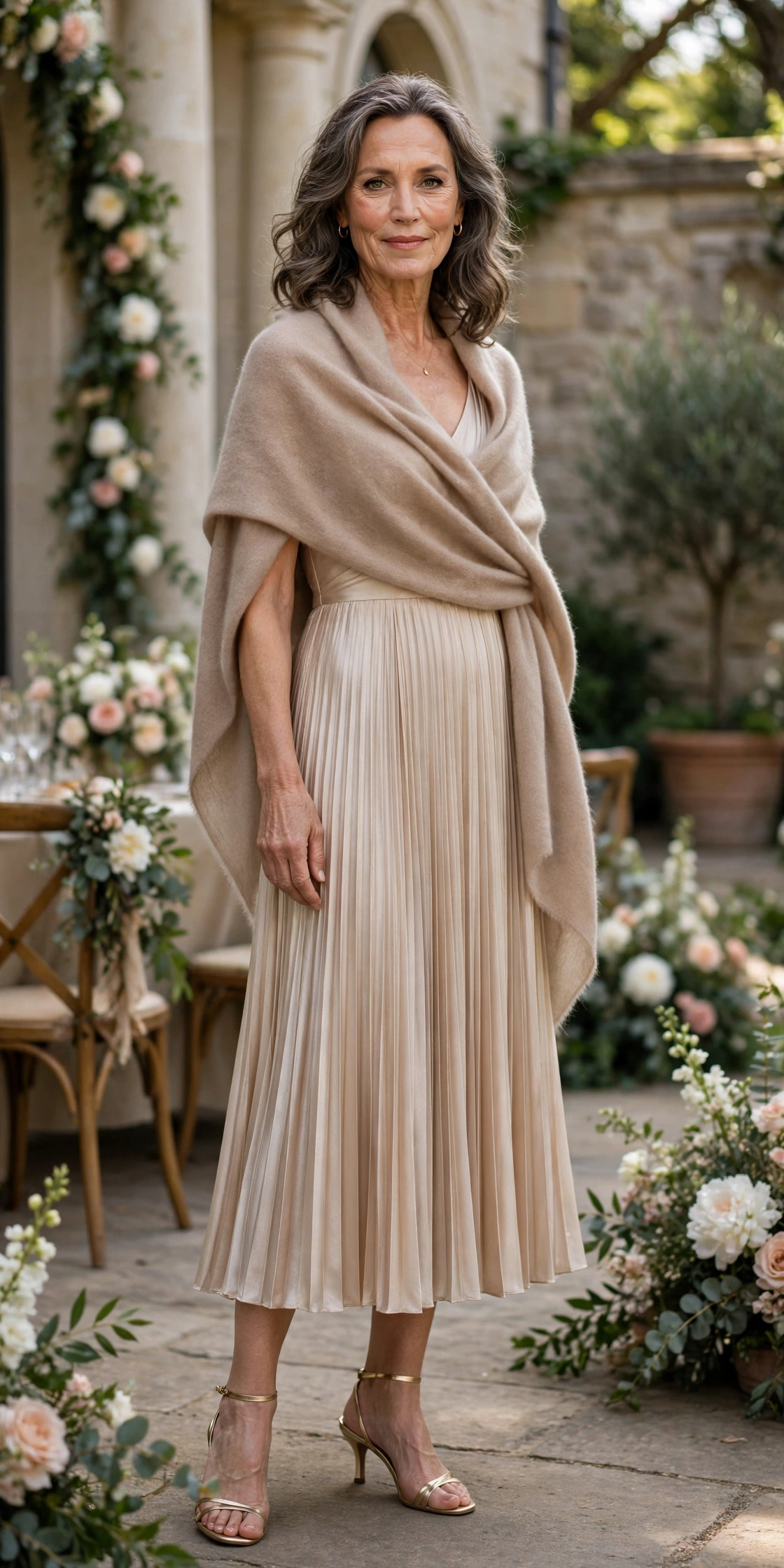Elegant mature woman wearing a champagne pleated midi skirt