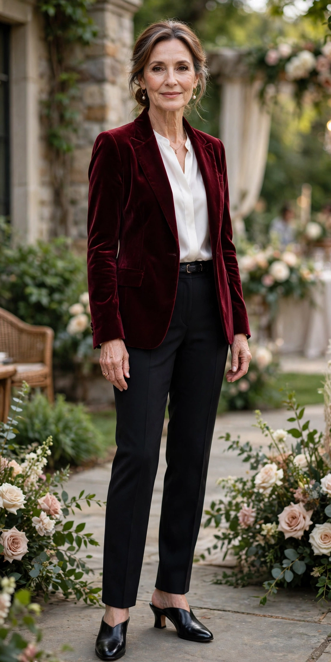 Elegant mature woman wearing a burgundy velvet blazer