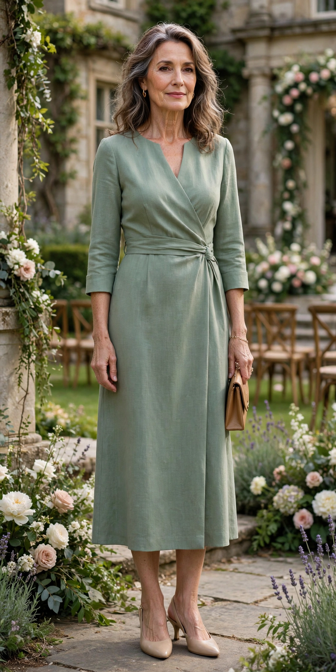 Elegant mature woman wearing a sage green midi dress