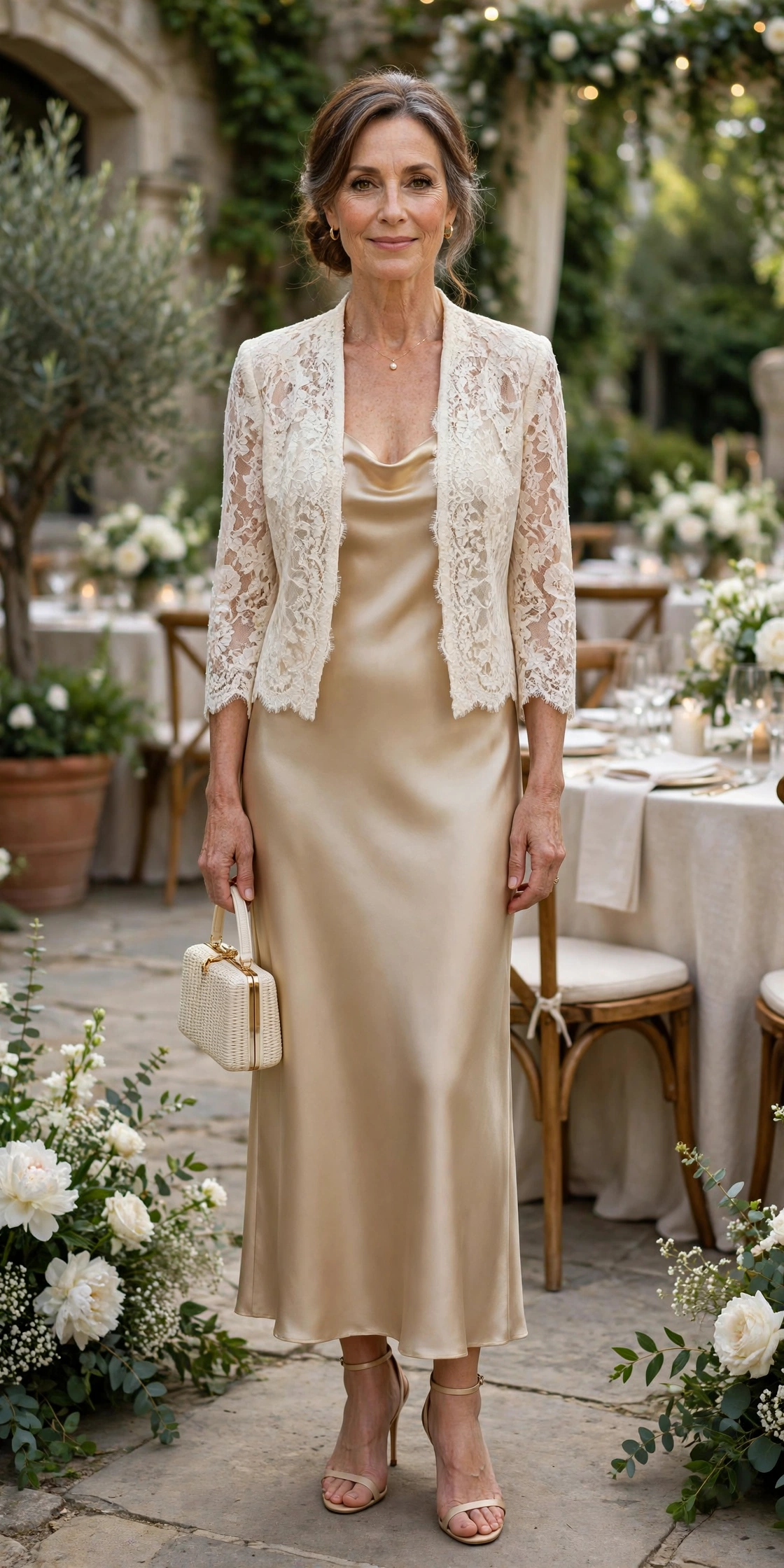 Elegant mature woman wearing an ivory lace jacket over a dress