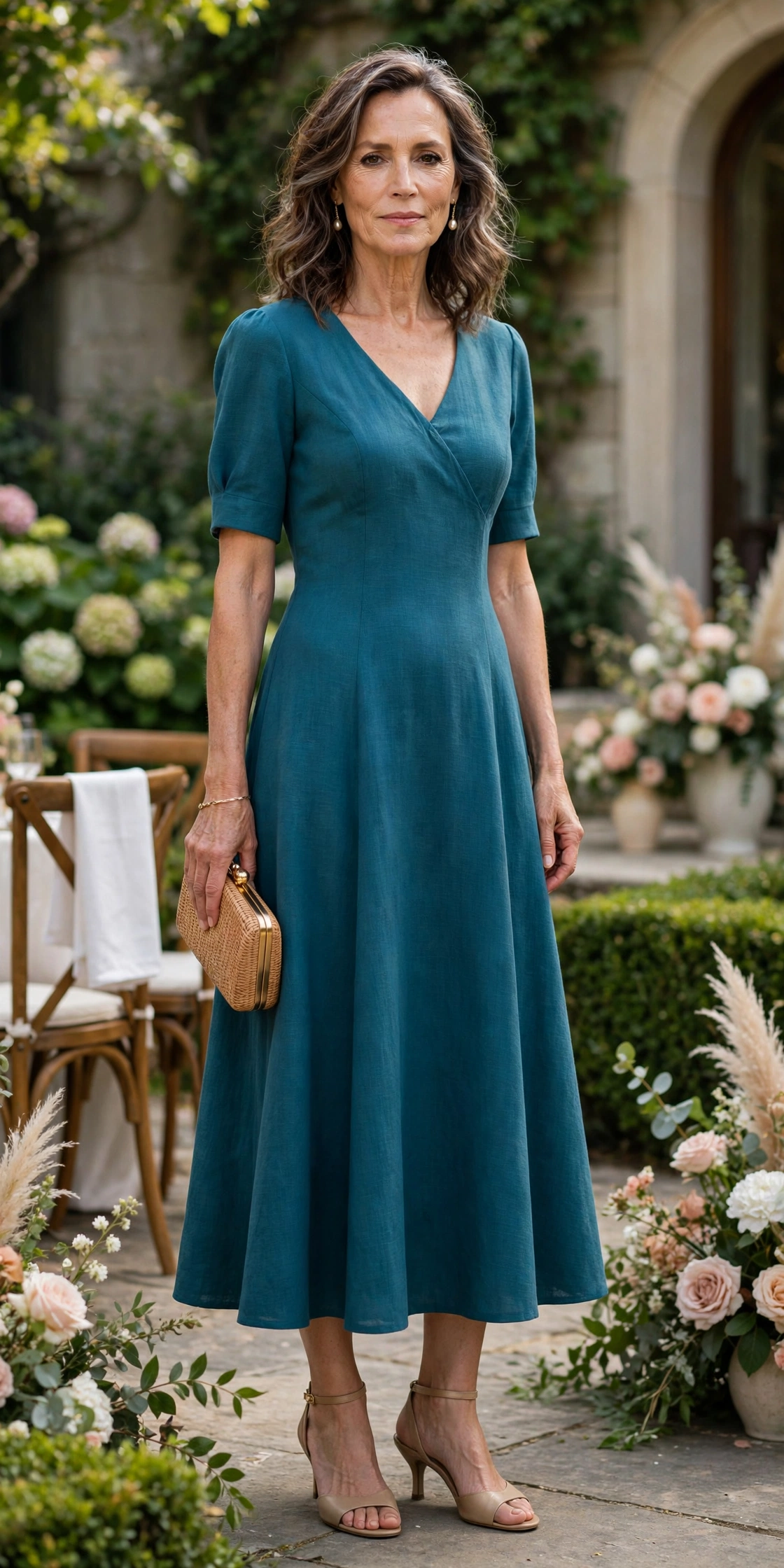 Elegant mature woman wearing a teal A-line dress