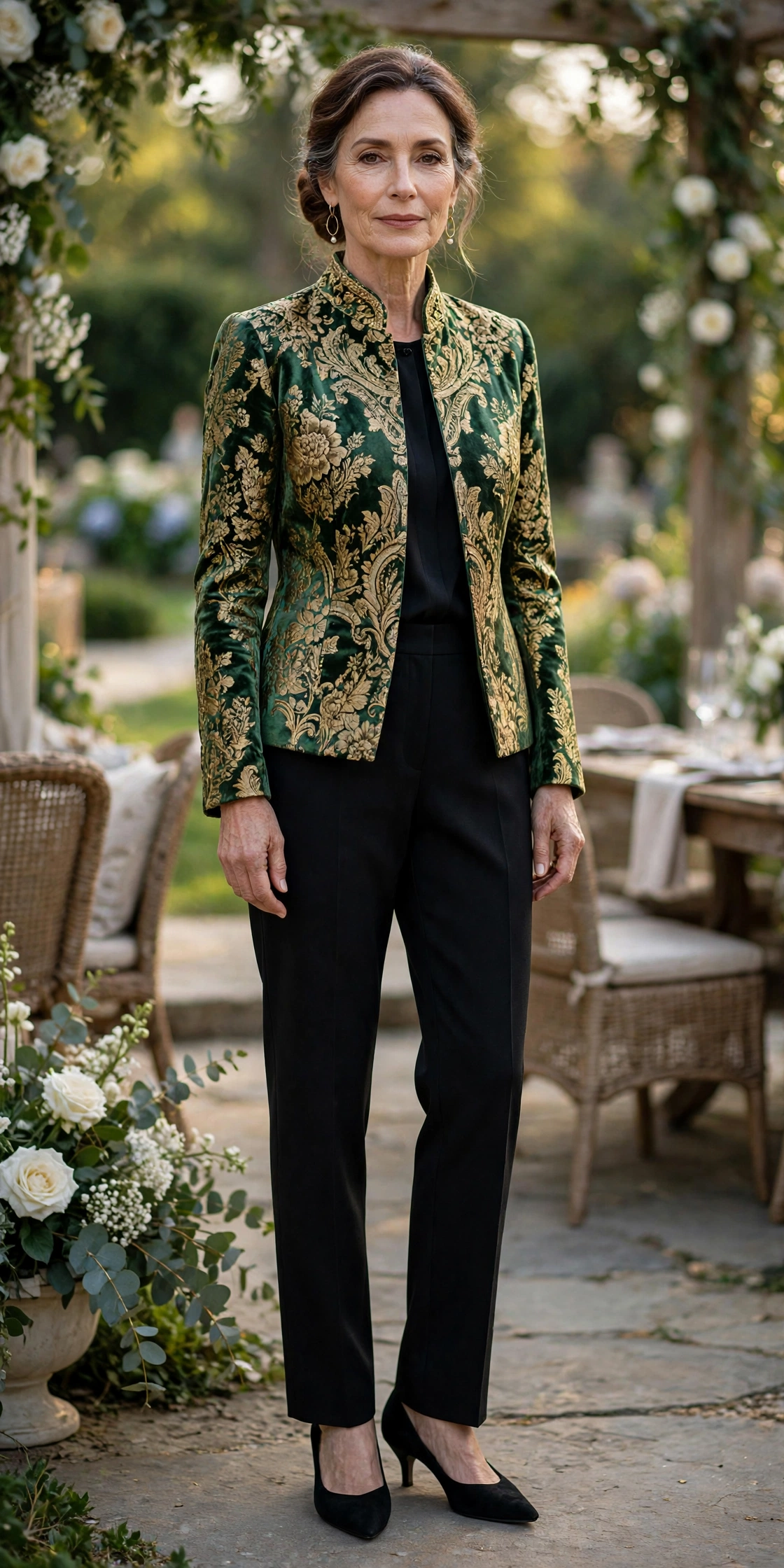 Elegant mature woman wearing a brocade jacket with trousers