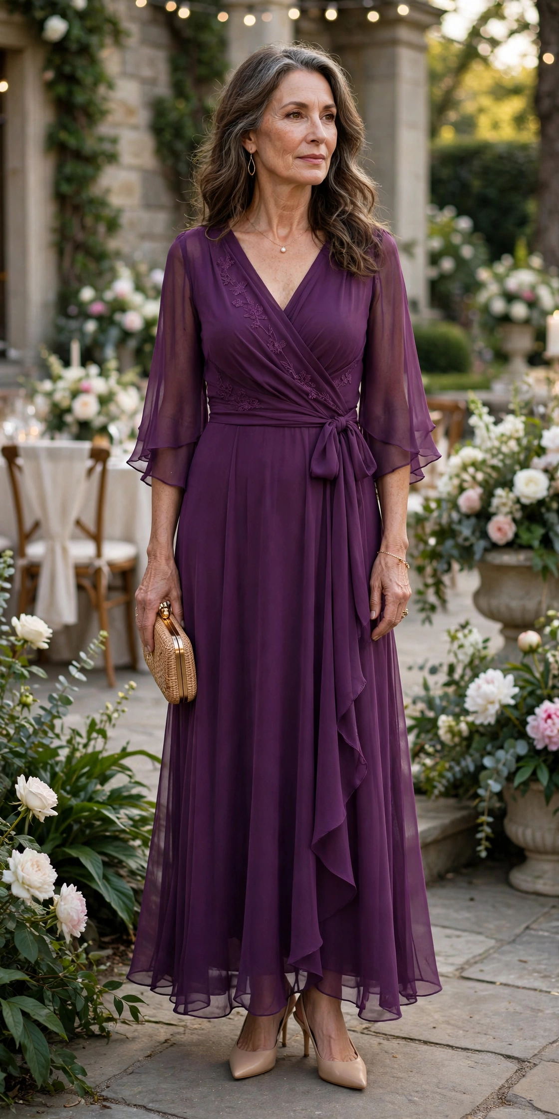 Elegant mature woman wearing a plum chiffon wrap dress