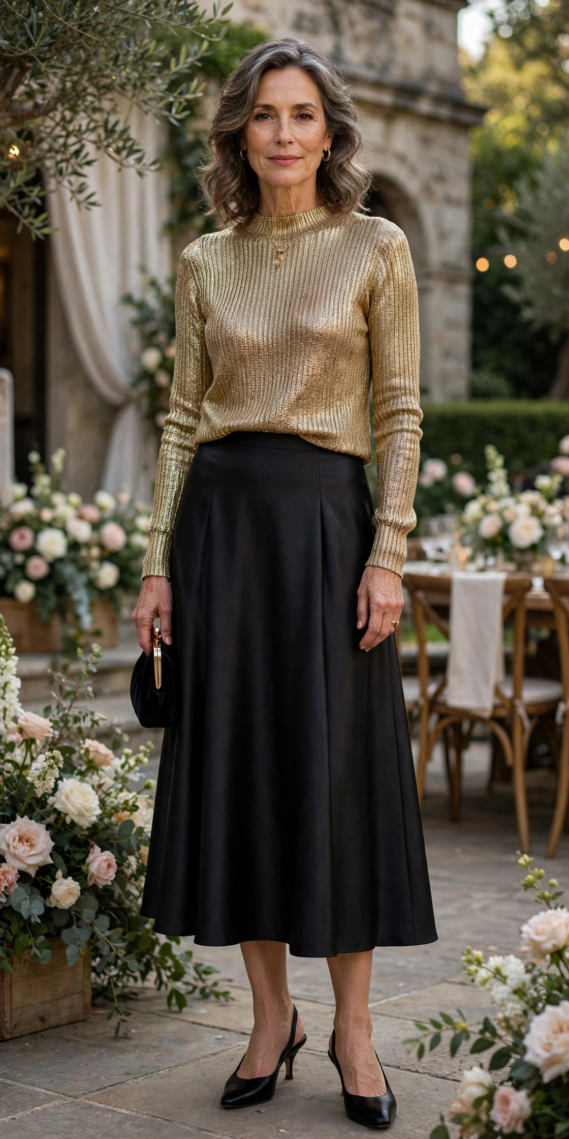 Elegant mature woman wearing a metallic knit top with a satin skirt