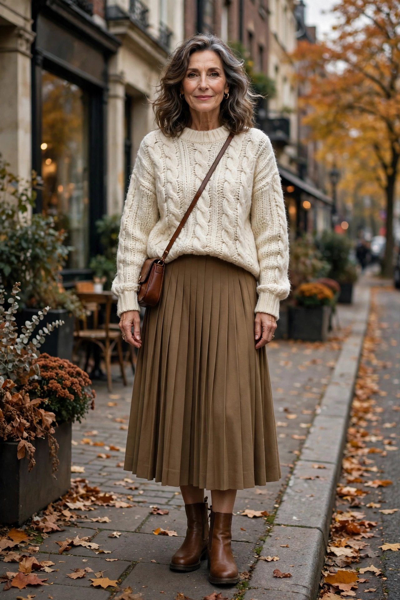Woman over 50 in a chunky knit sweater paired with a midi skirt