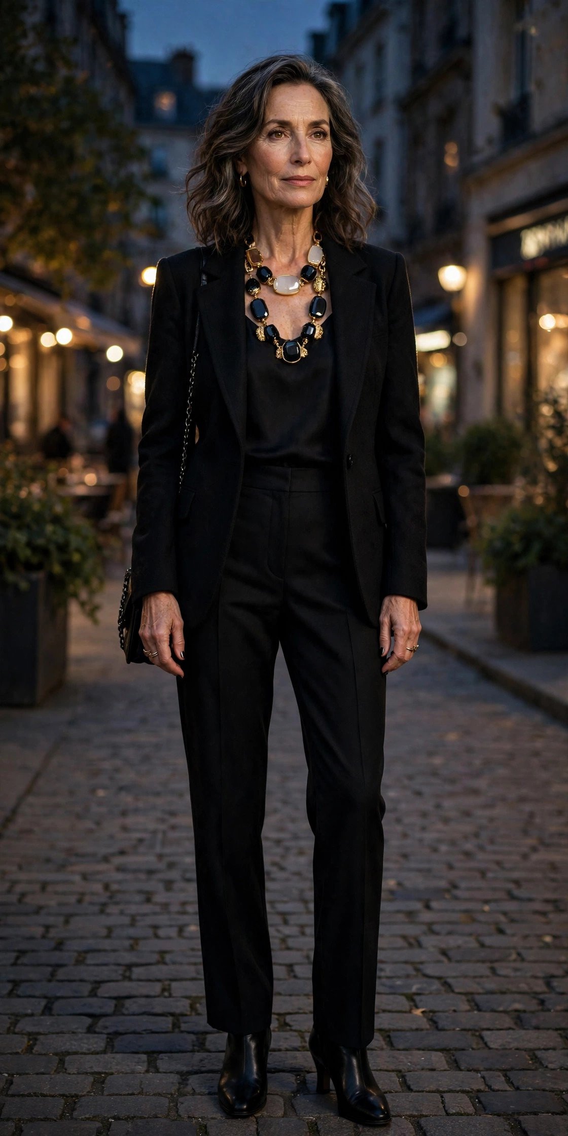 All-black outfit with silk blouse and tailored trousers