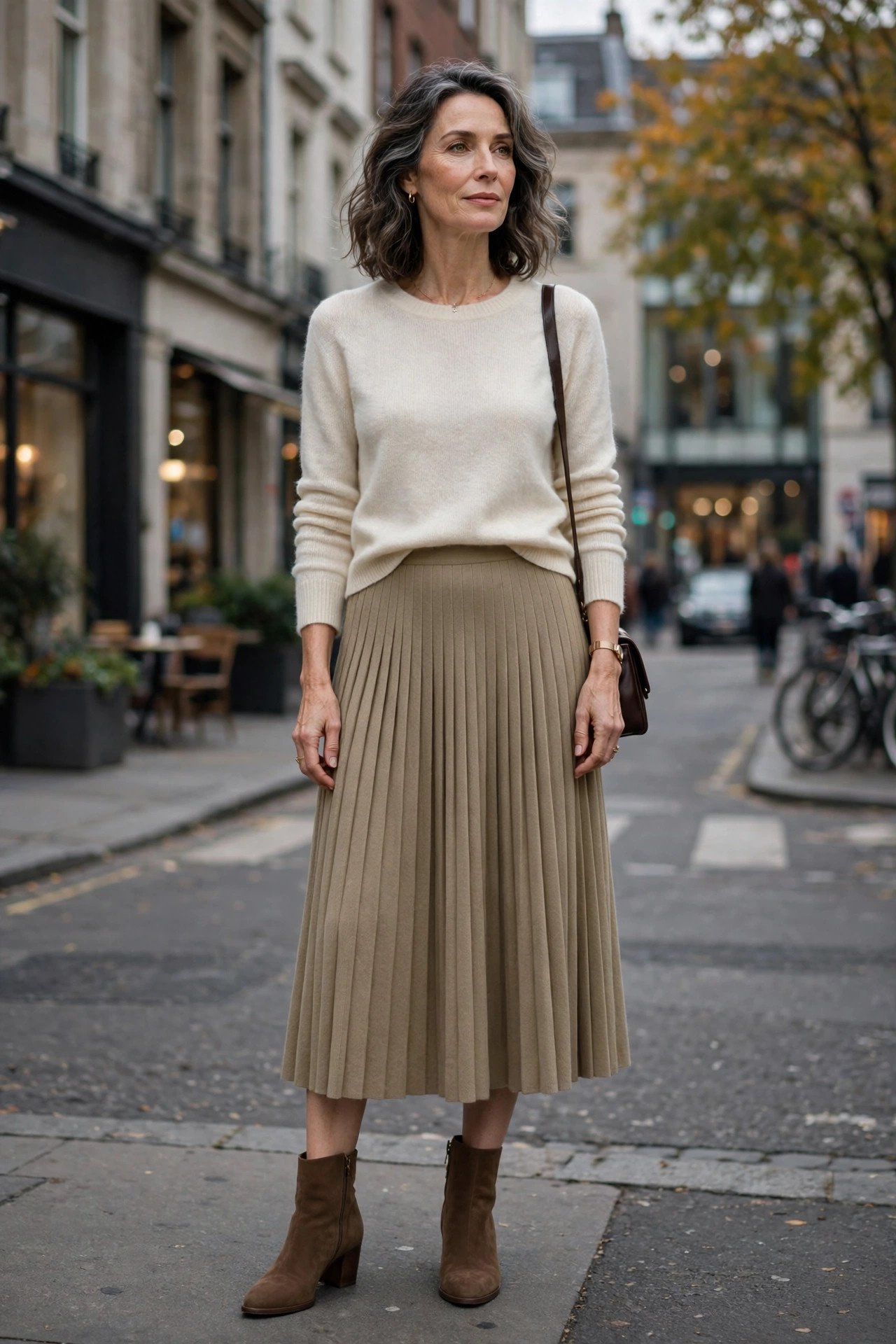 Cream pleated midi skirt with ivory blouse and loafers on a woman over 50