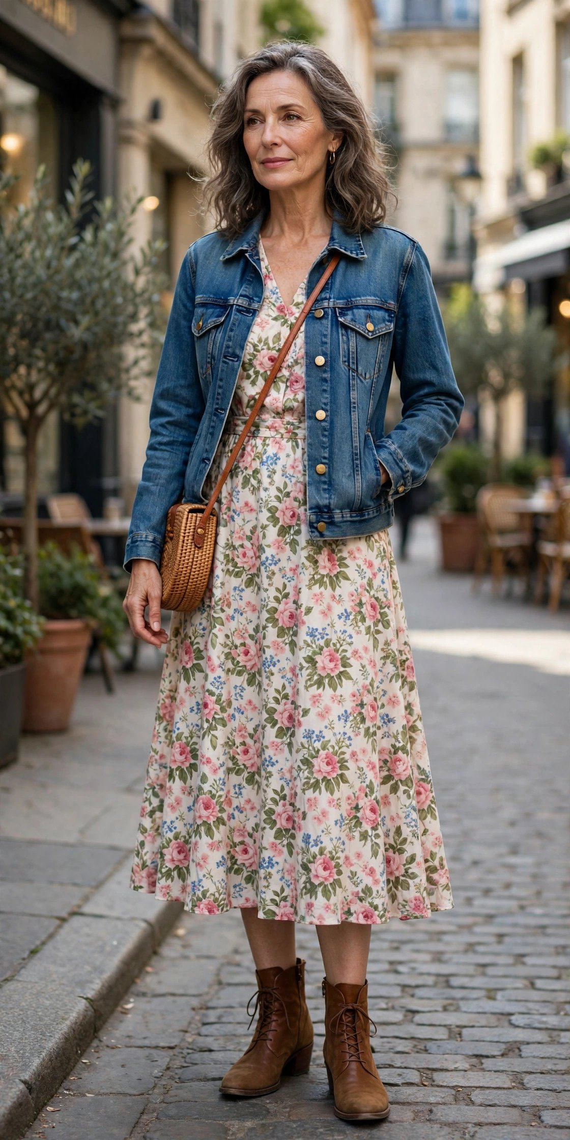 Denim jacket layered over a floral midi dress