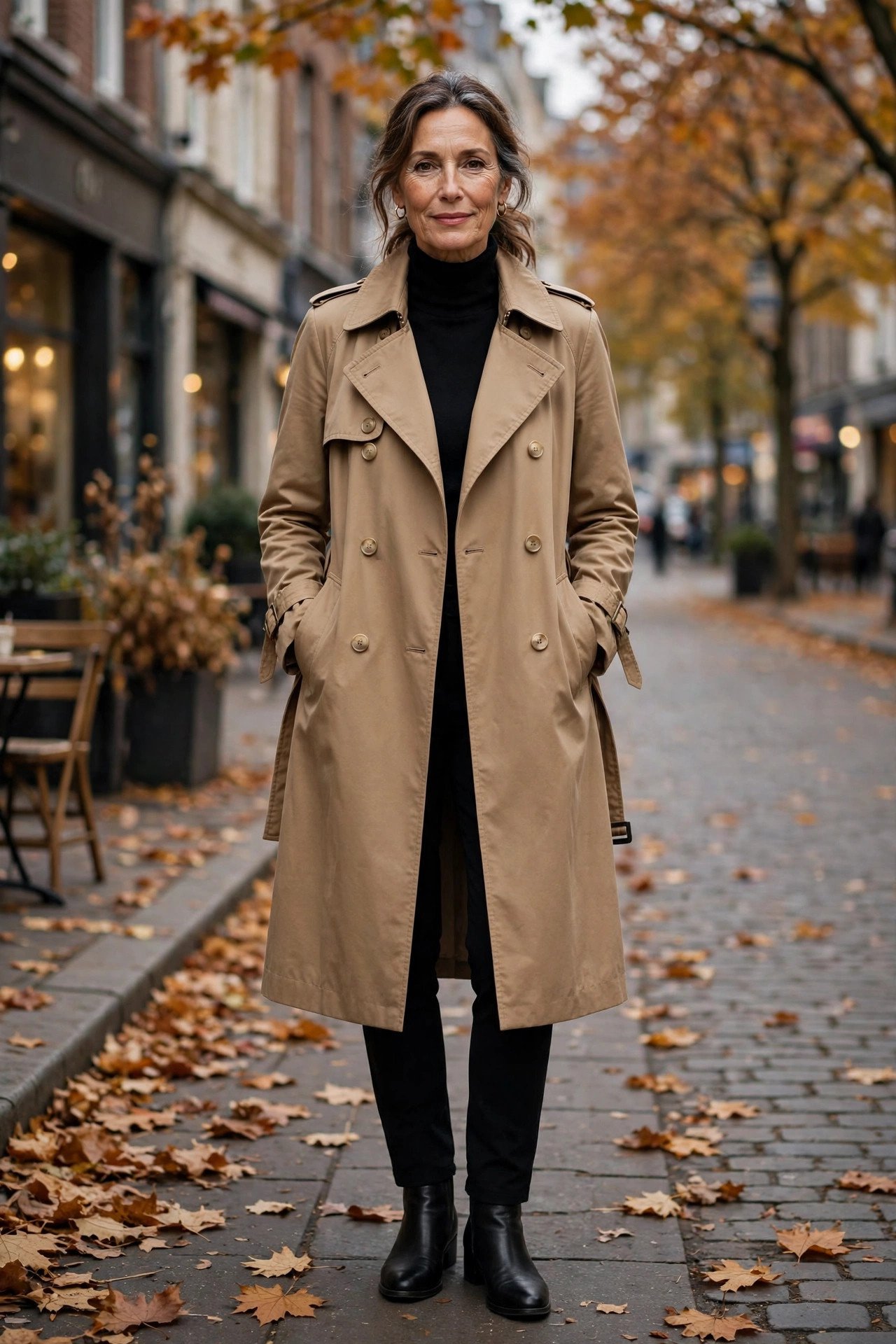Camel coat over black basics with hat and handbag