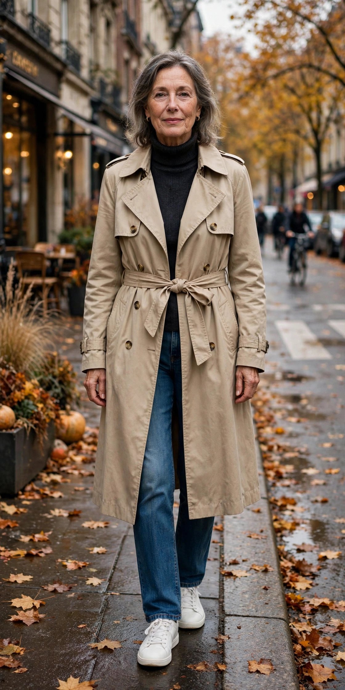 Classic beige trench coat layered over a casual outfit