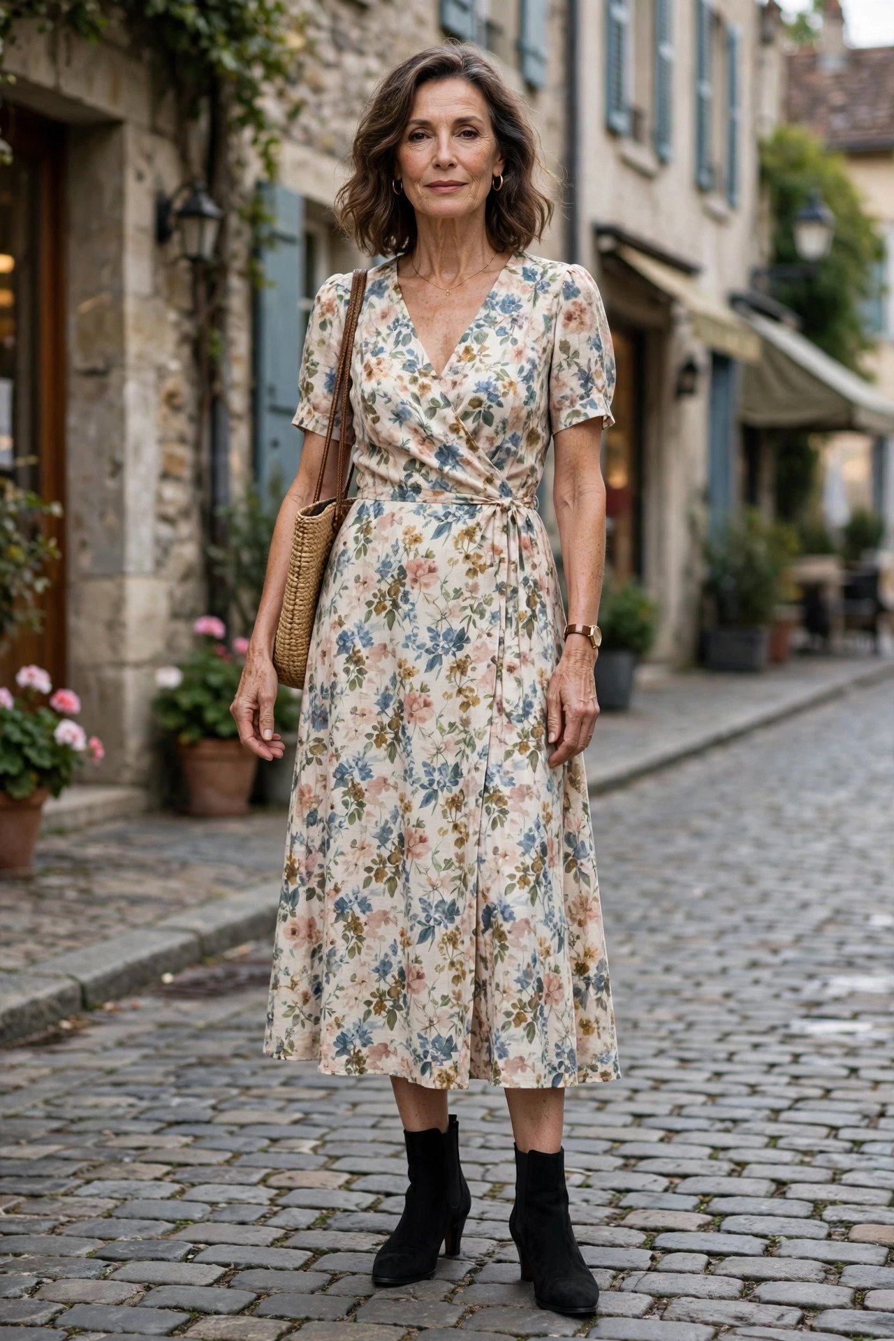 Floral midi dress paired with ankle boots