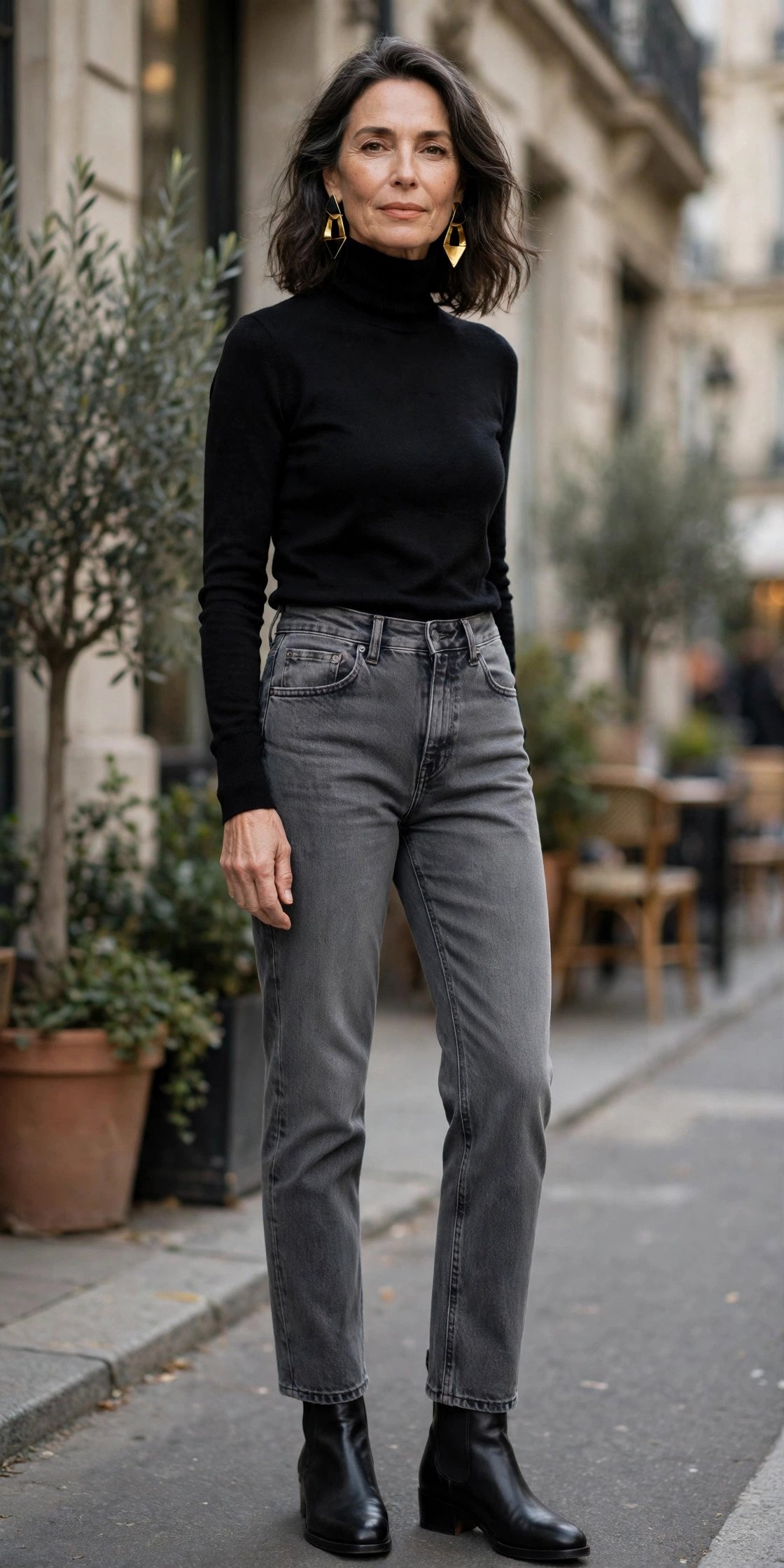 Black turtleneck with gray jeans and statement earrings