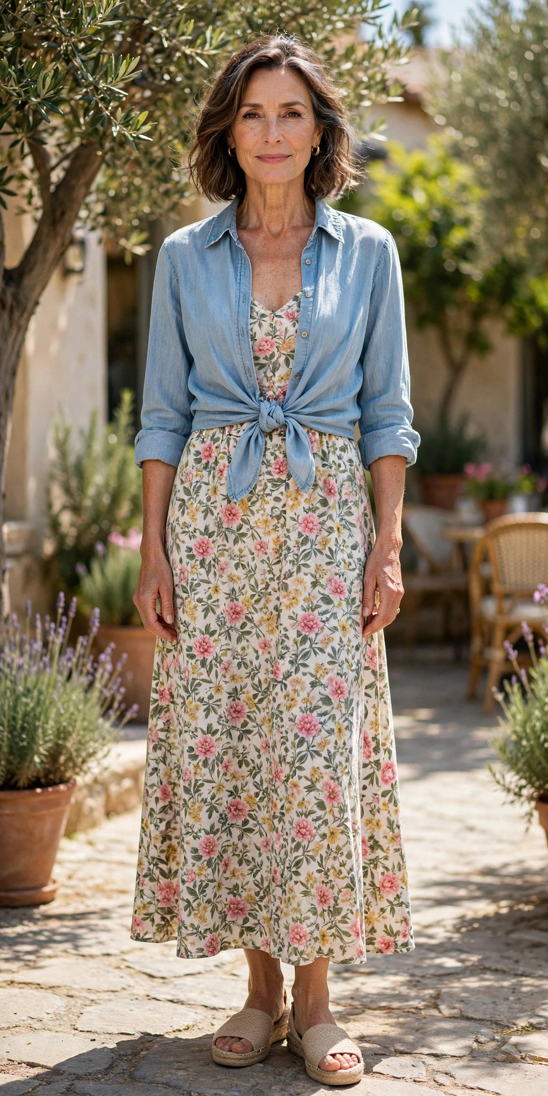 Chambray shirt tied at the waist over a casual dress