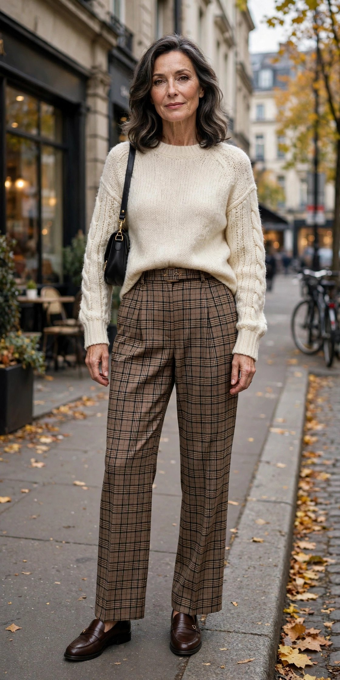 Cream sweater with plaid trousers
