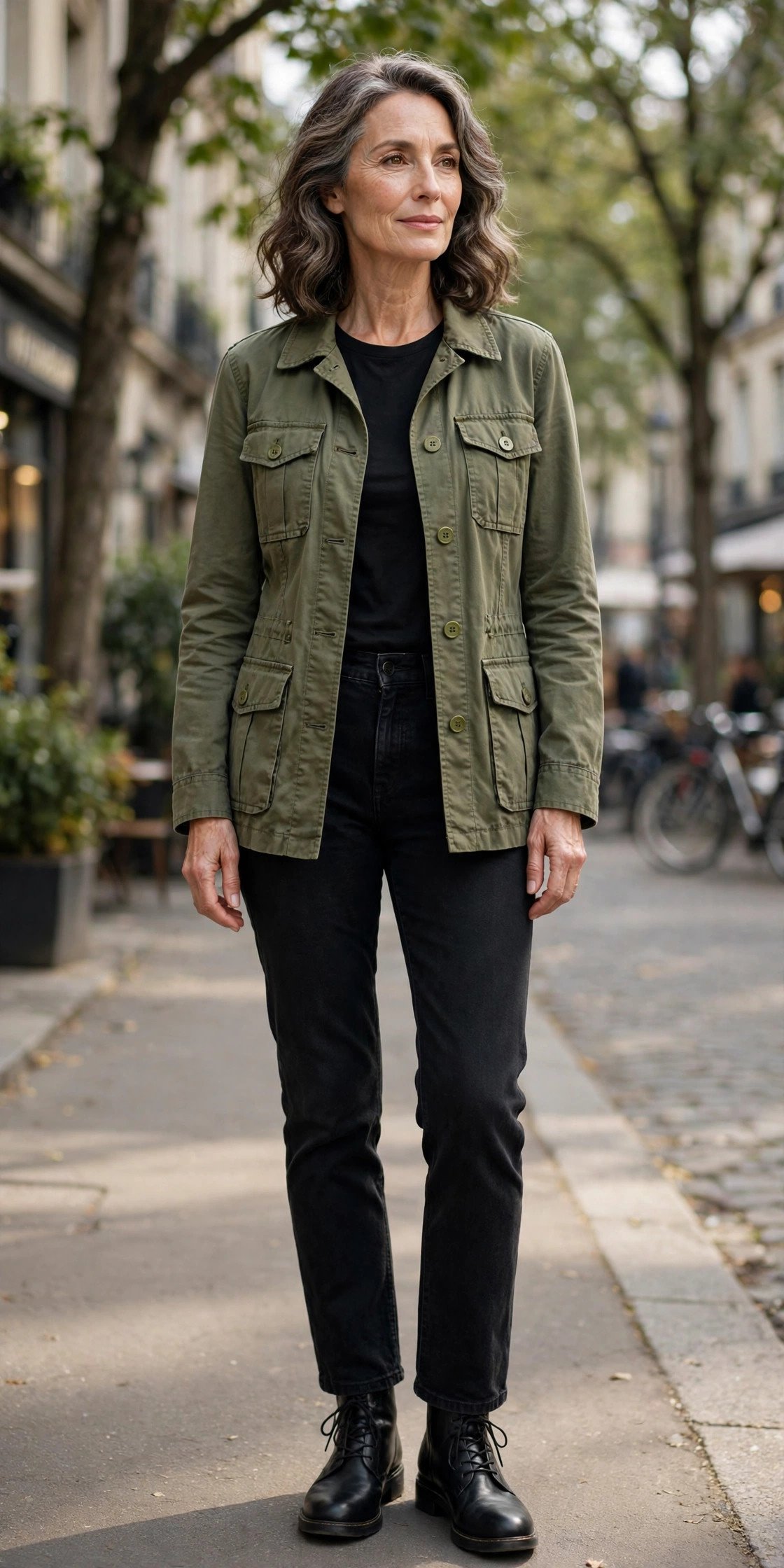 Olive utility jacket with black jeans