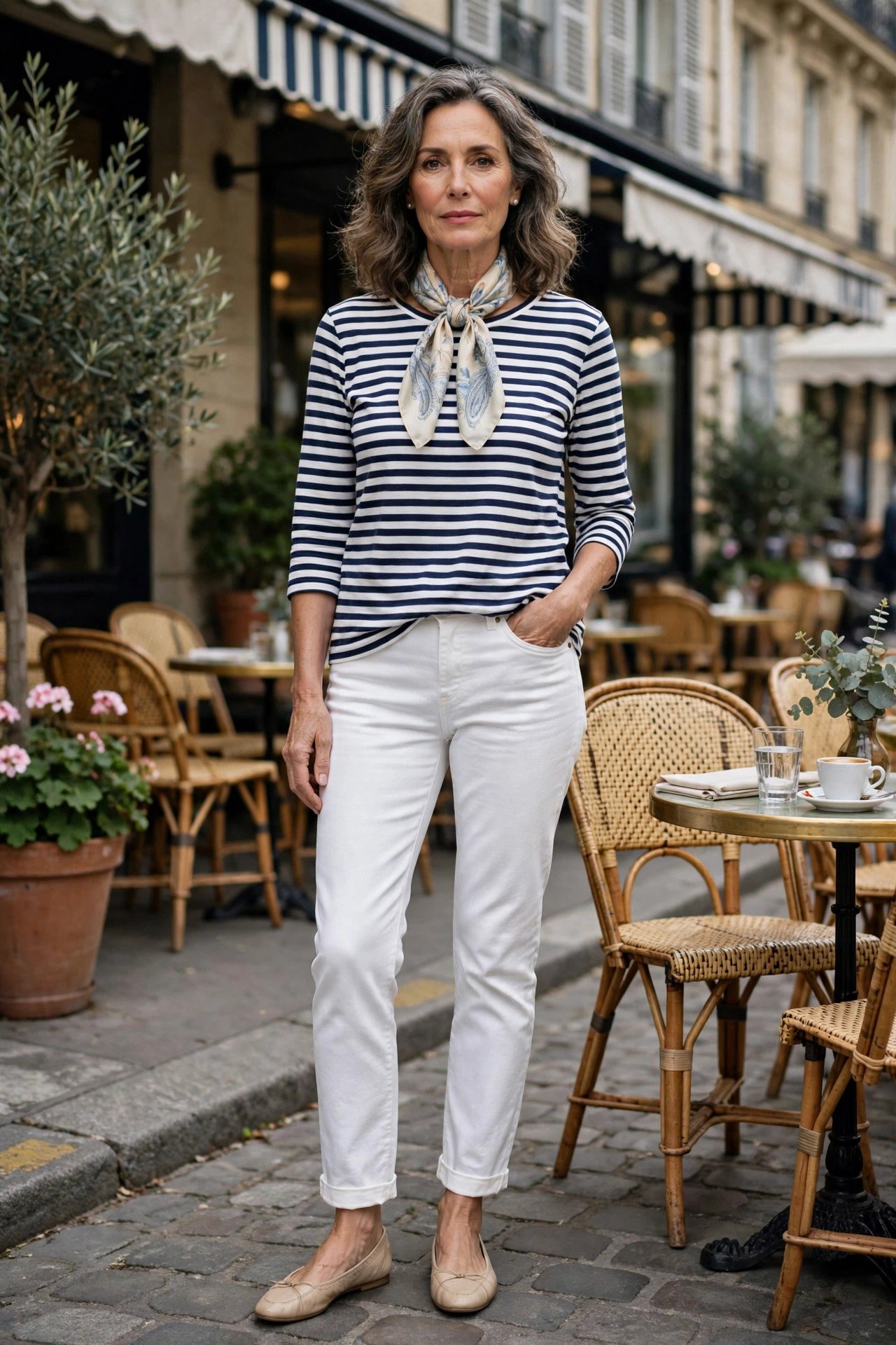 Breton top with white jeans and a silk scarf