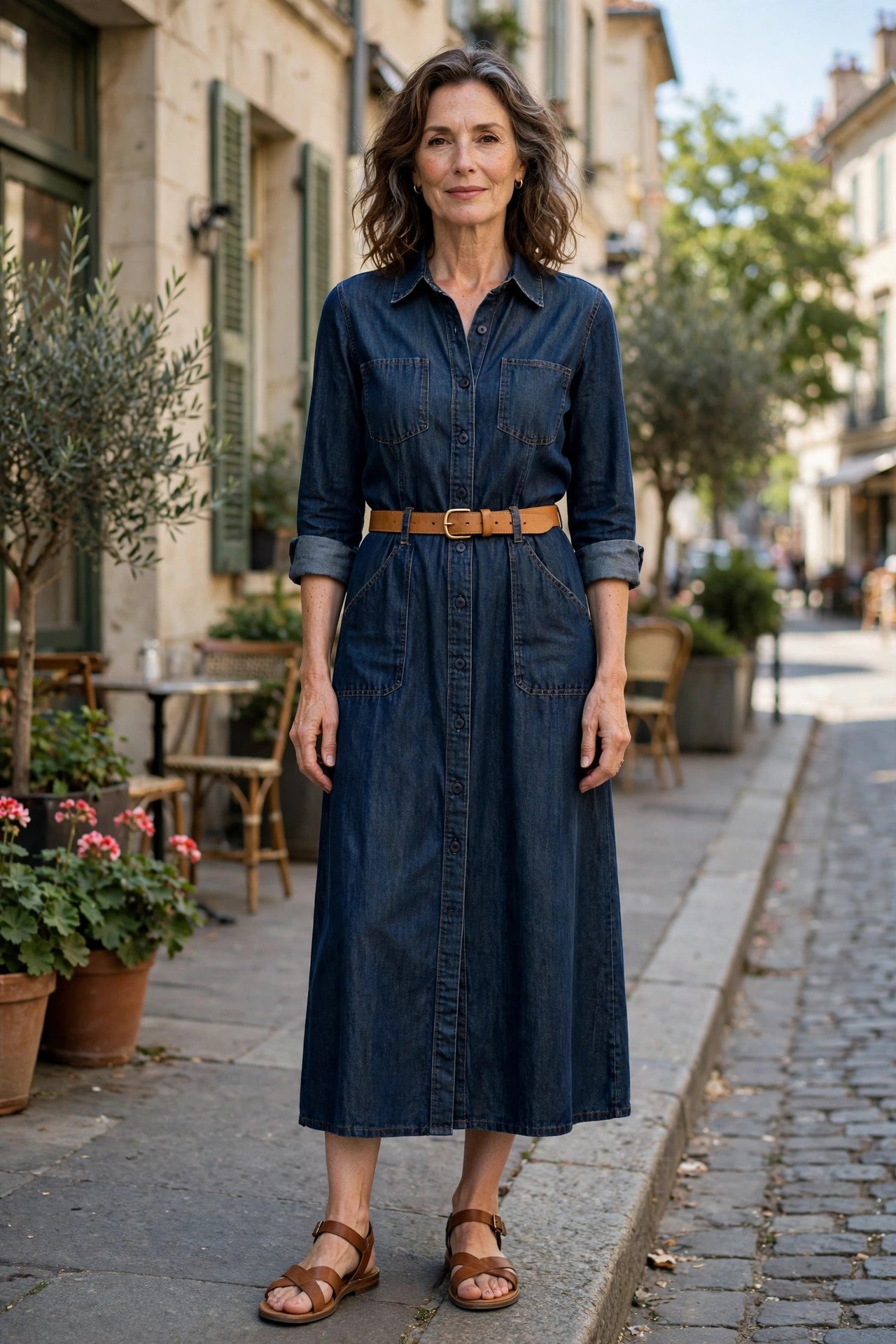 Denim shirt dress cinched with a tan belt