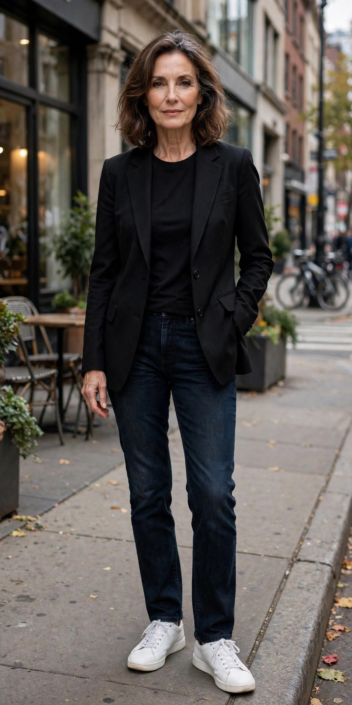 Black blazer with dark-wash straight-leg jeans on a woman over 50