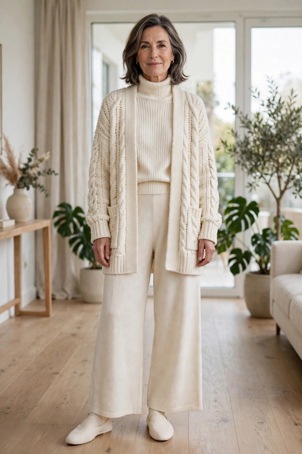 Cream-on-cream layered outfit on an elegant mature woman