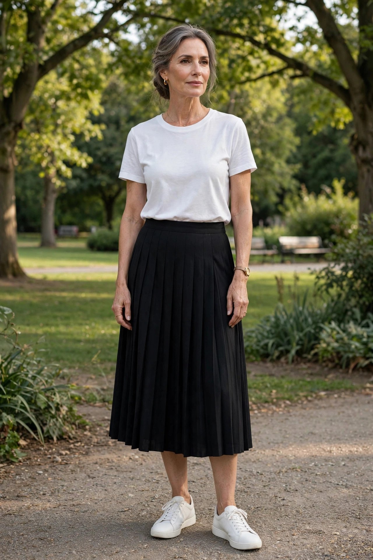 Pleated midi skirt with a simple tucked-in tee