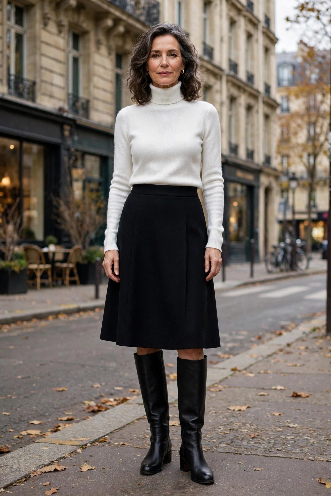 A-line skirt styled with knee-high boots
