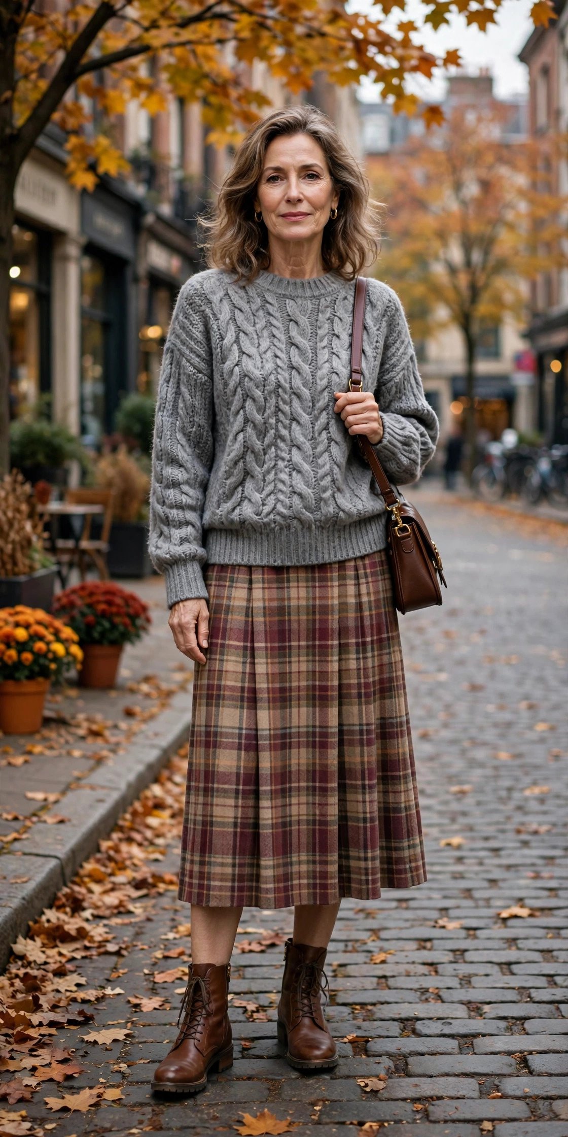 Midi skirt with chunky sweater for fall weather