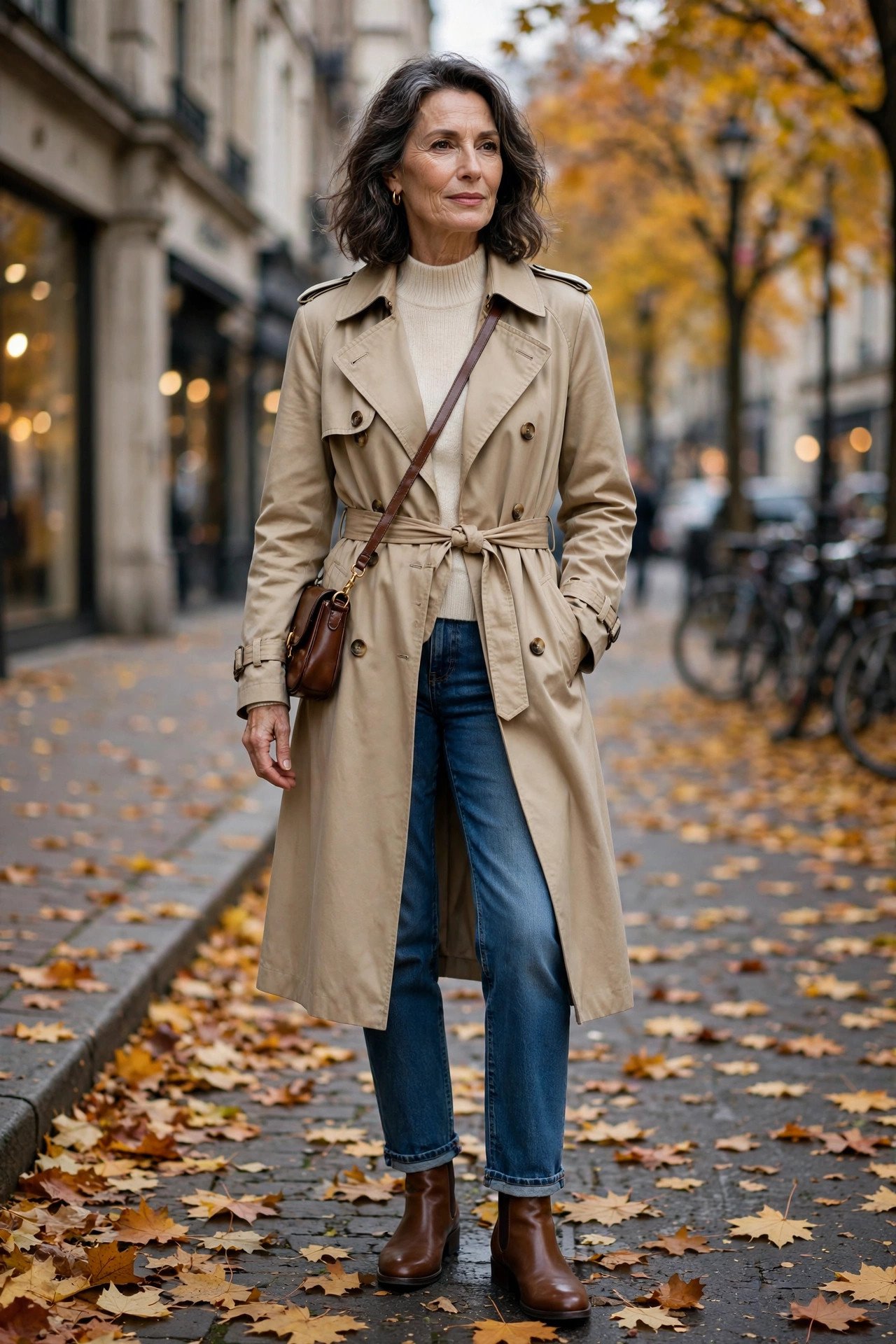 Classic trench coat worn with jeans