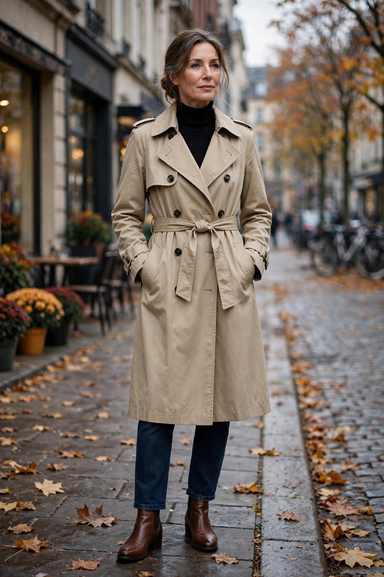 Classic khaki trench coat styled for everyday wear