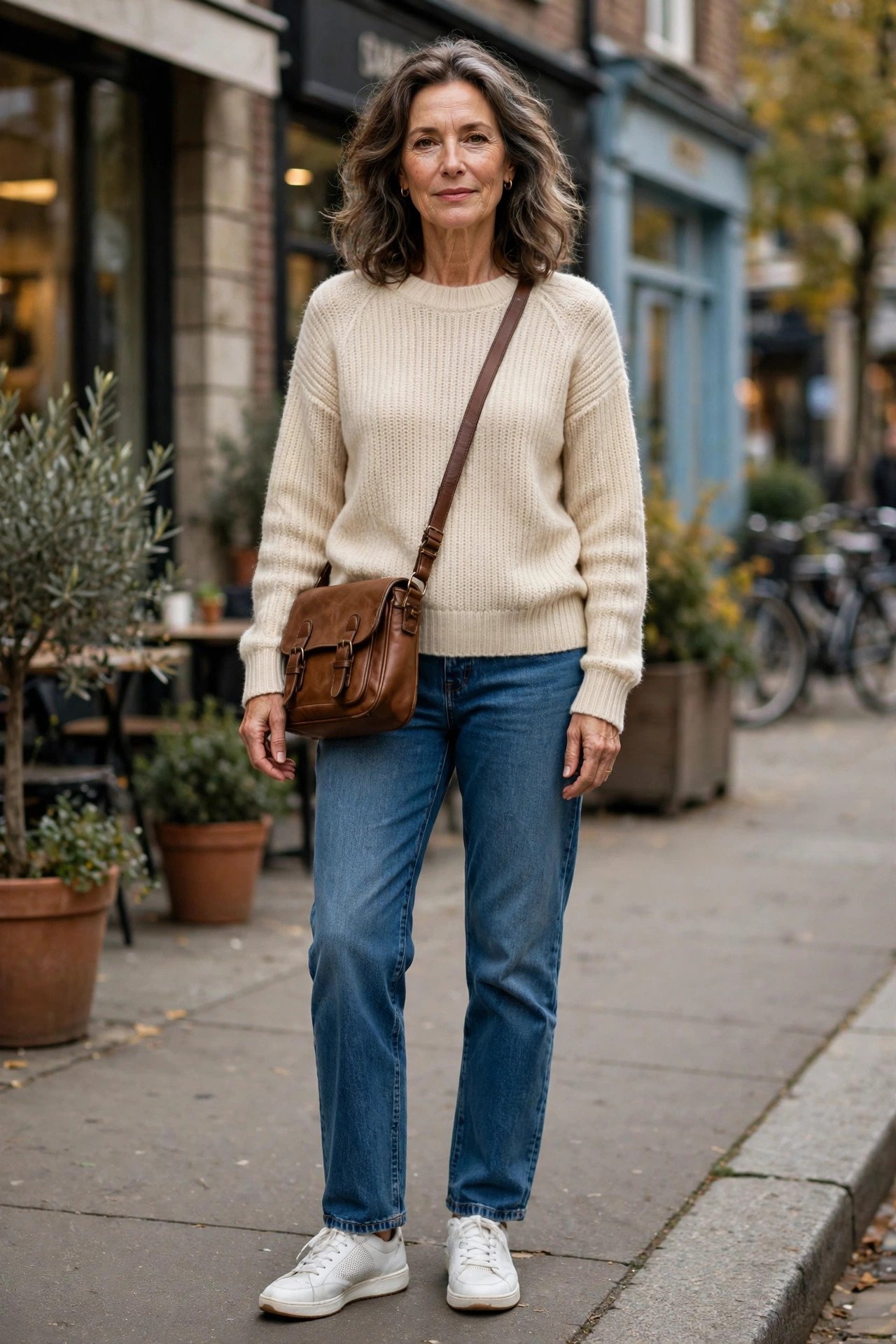 Easy casual city outfit on a confident mature woman