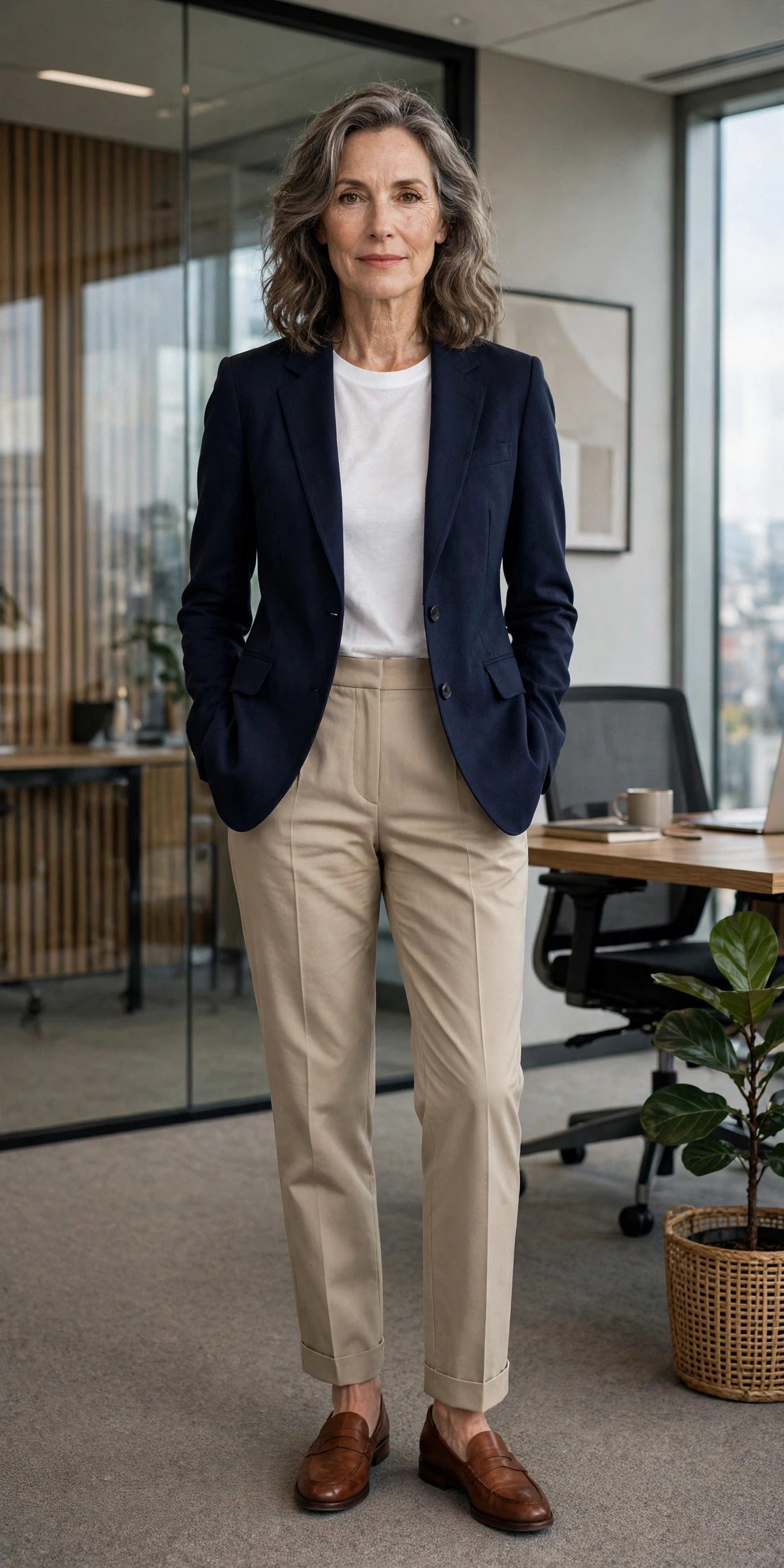 Navy blazer with beige trousers for the office