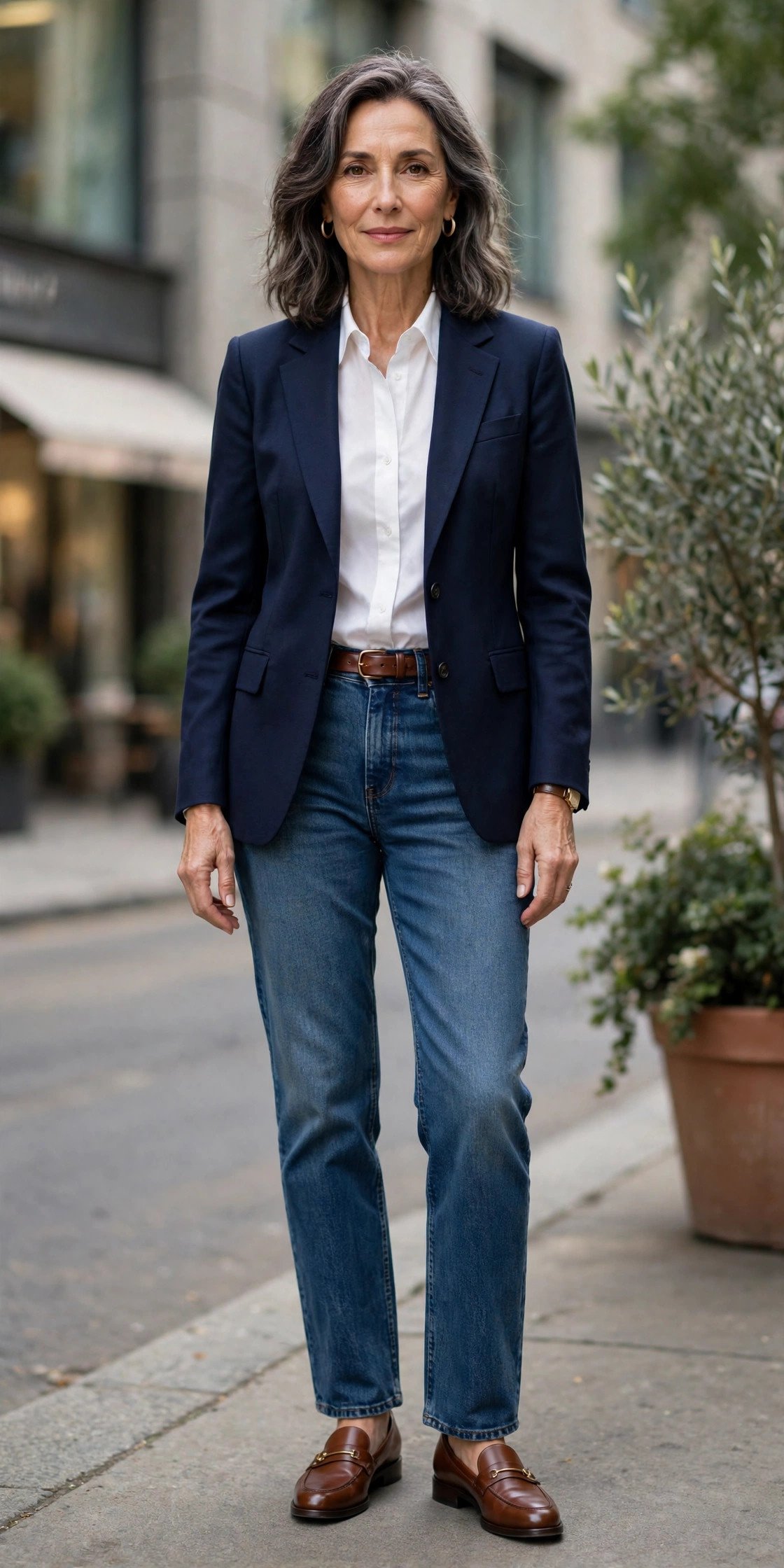 Blazer and jeans office outfit for women over 50
