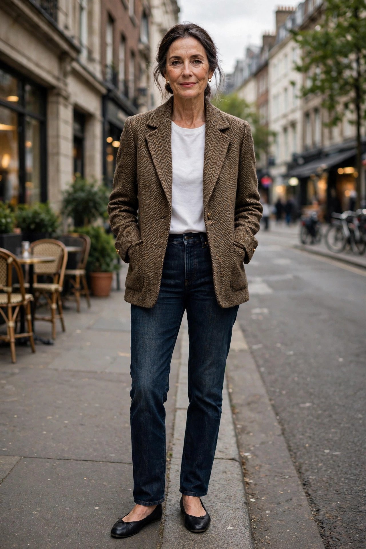 Silk blouse with dark denim jeans and blazer