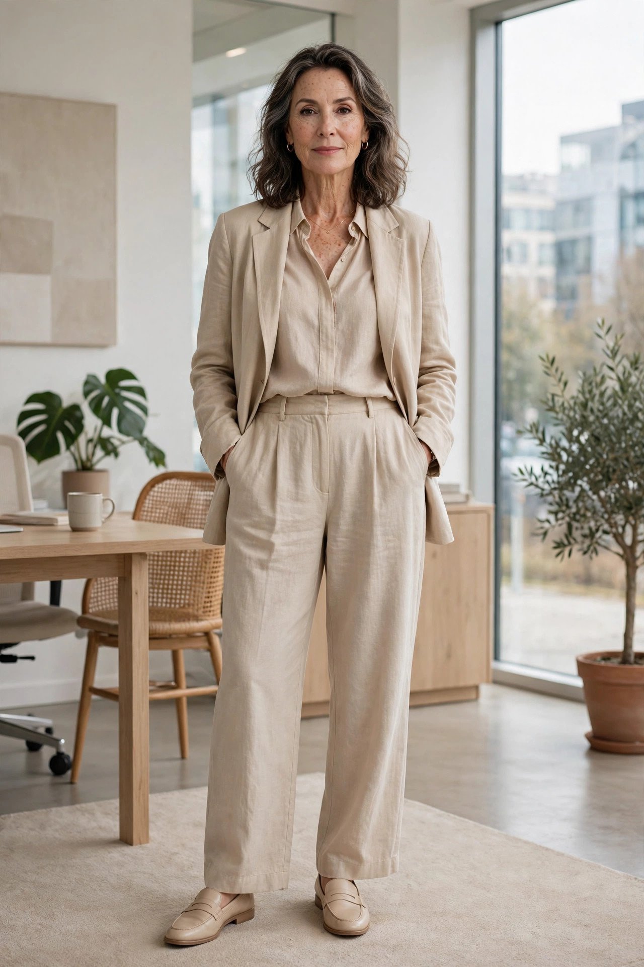 Elegant wool coat worn over work attire