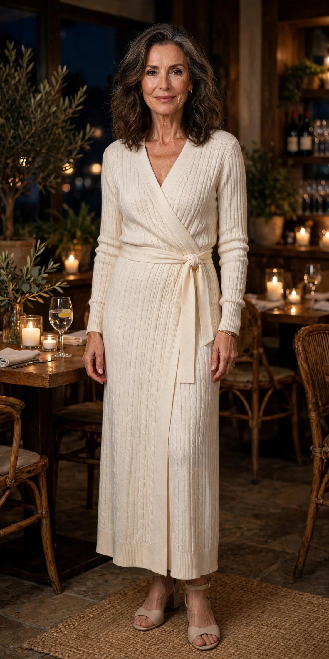 Cream knit wrap dress with nude heels in a restaurant