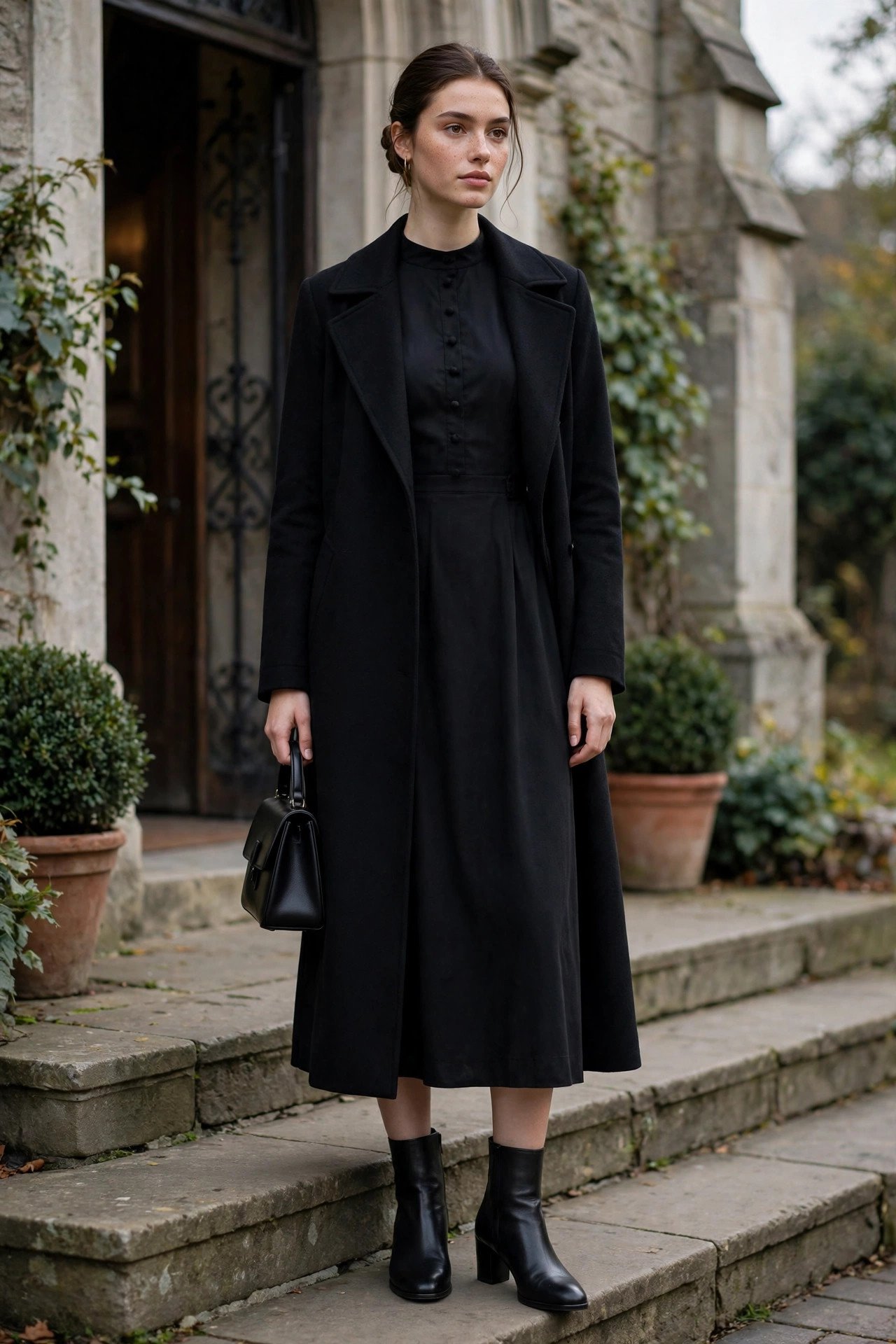 Woman in a coat standing by a wall, modest elegant look