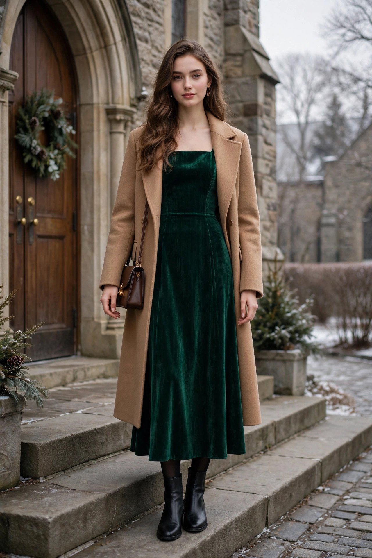 Woman in a wool coat, winter church outfit