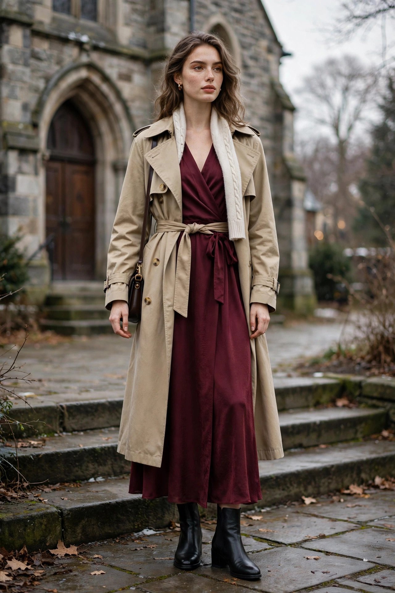 Young woman in a coat, city winter church look