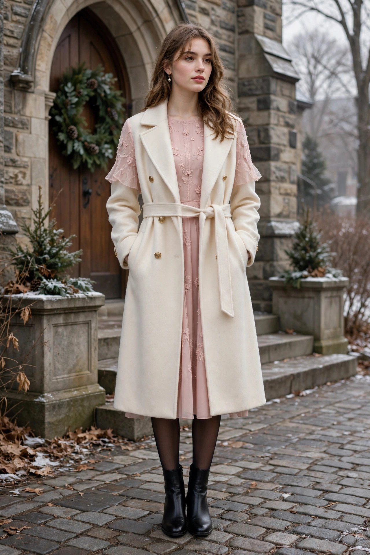 Woman in a printed midi dress, modest church outfit
