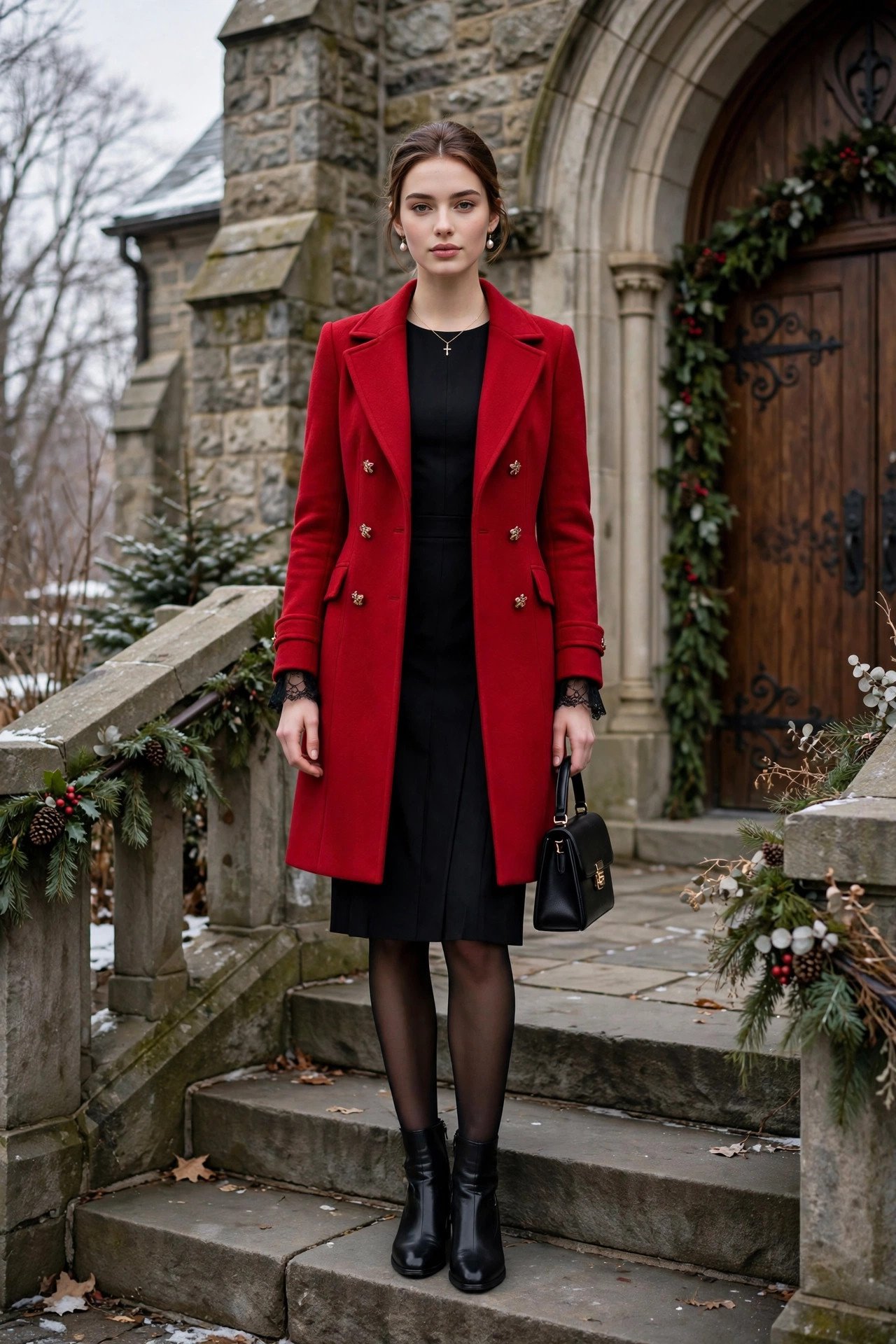 Woman in a tweed outfit, classic church style