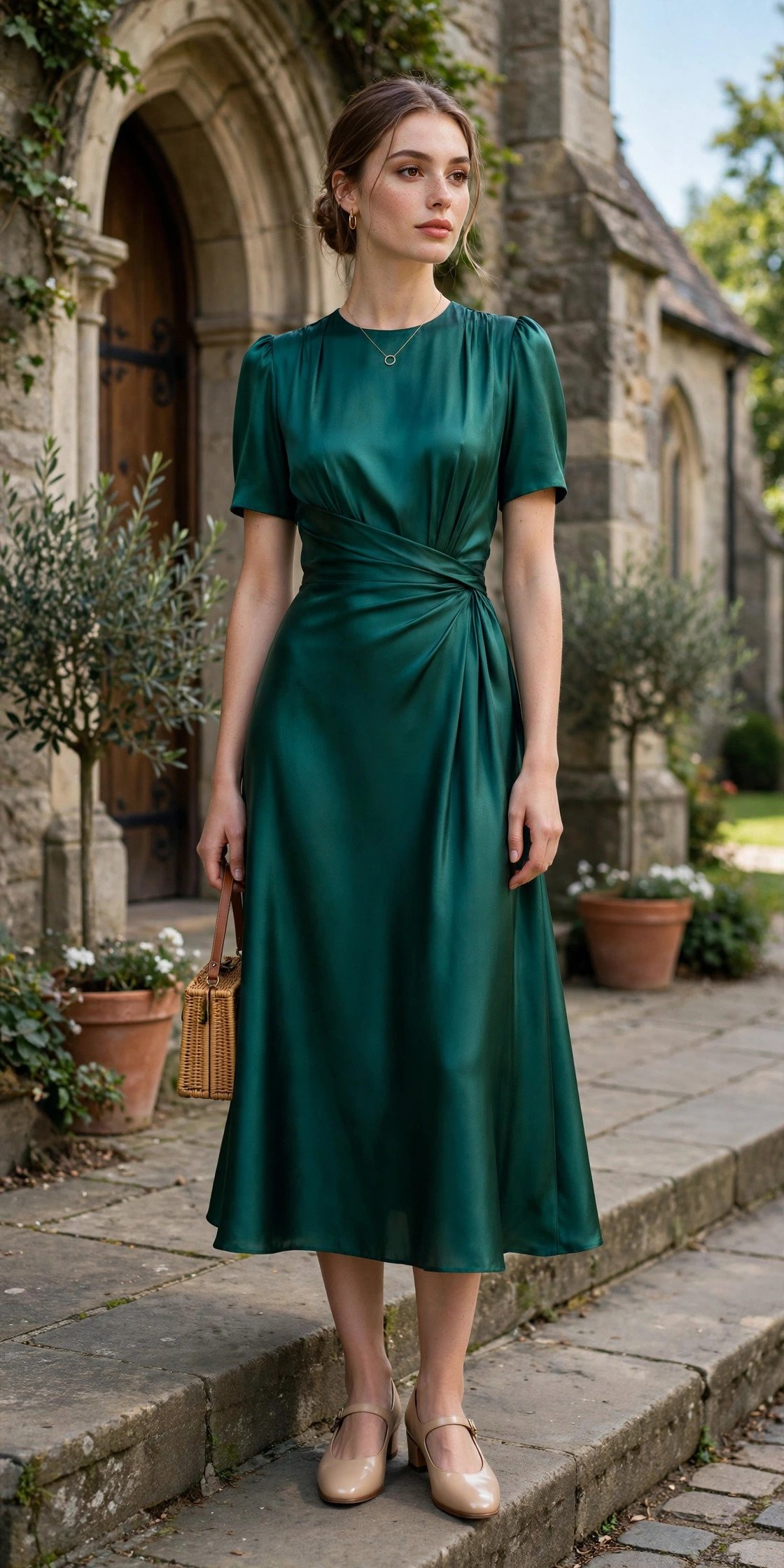 Woman in an elegant dress by a stone wall