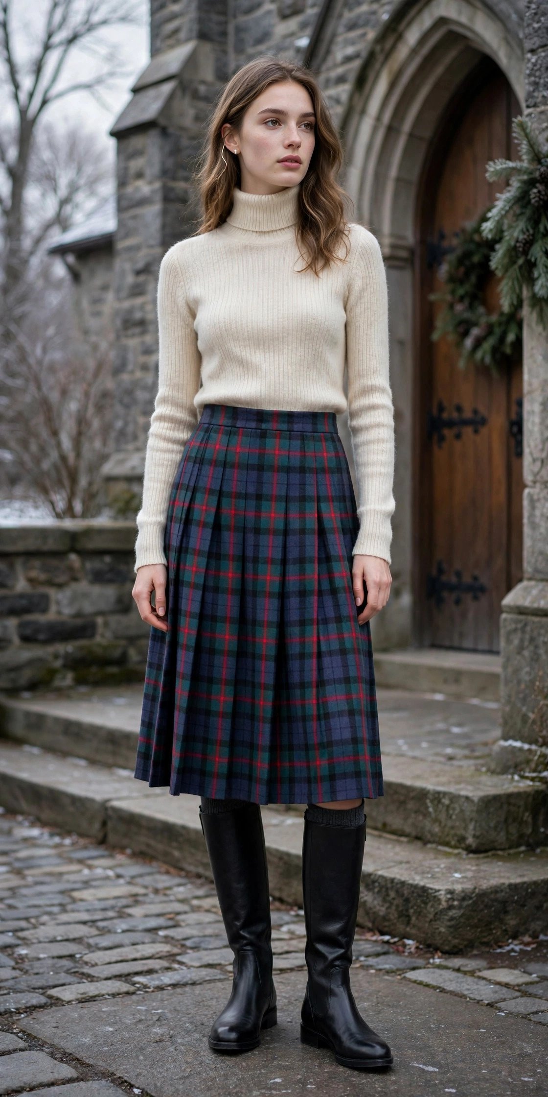Woman in a skirt and blouse winter outfit