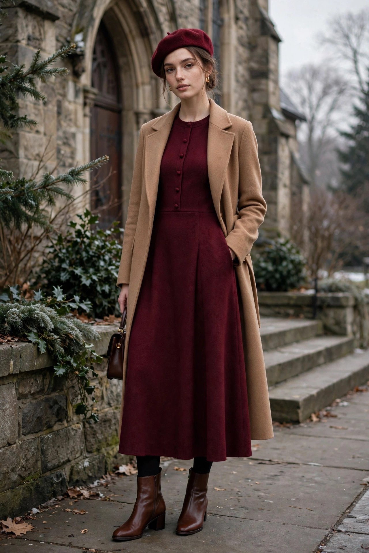 Woman in a winter outfit with skirt, modest and chic