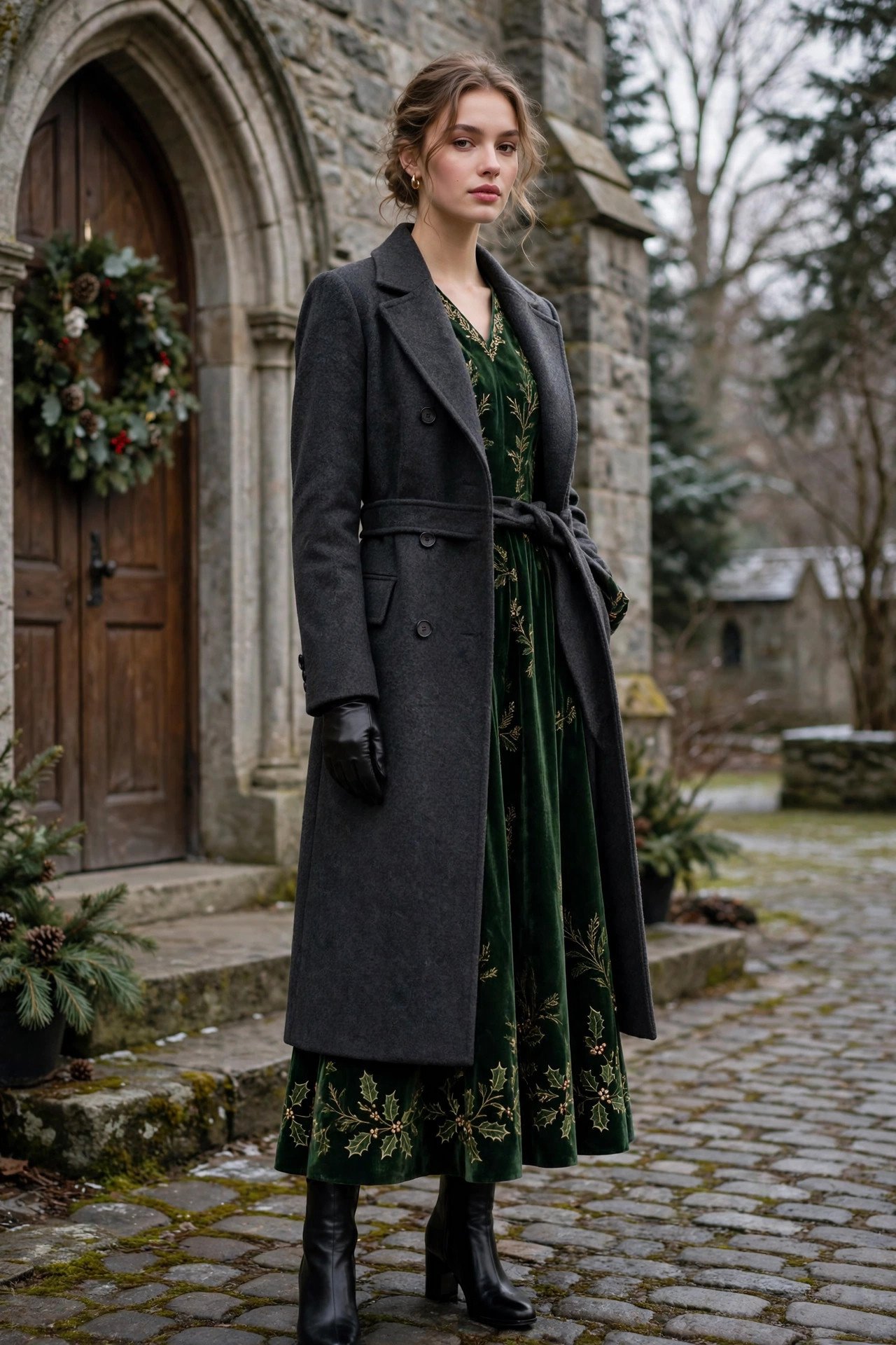Fashionable woman in a dress and trench coat on a sidewalk