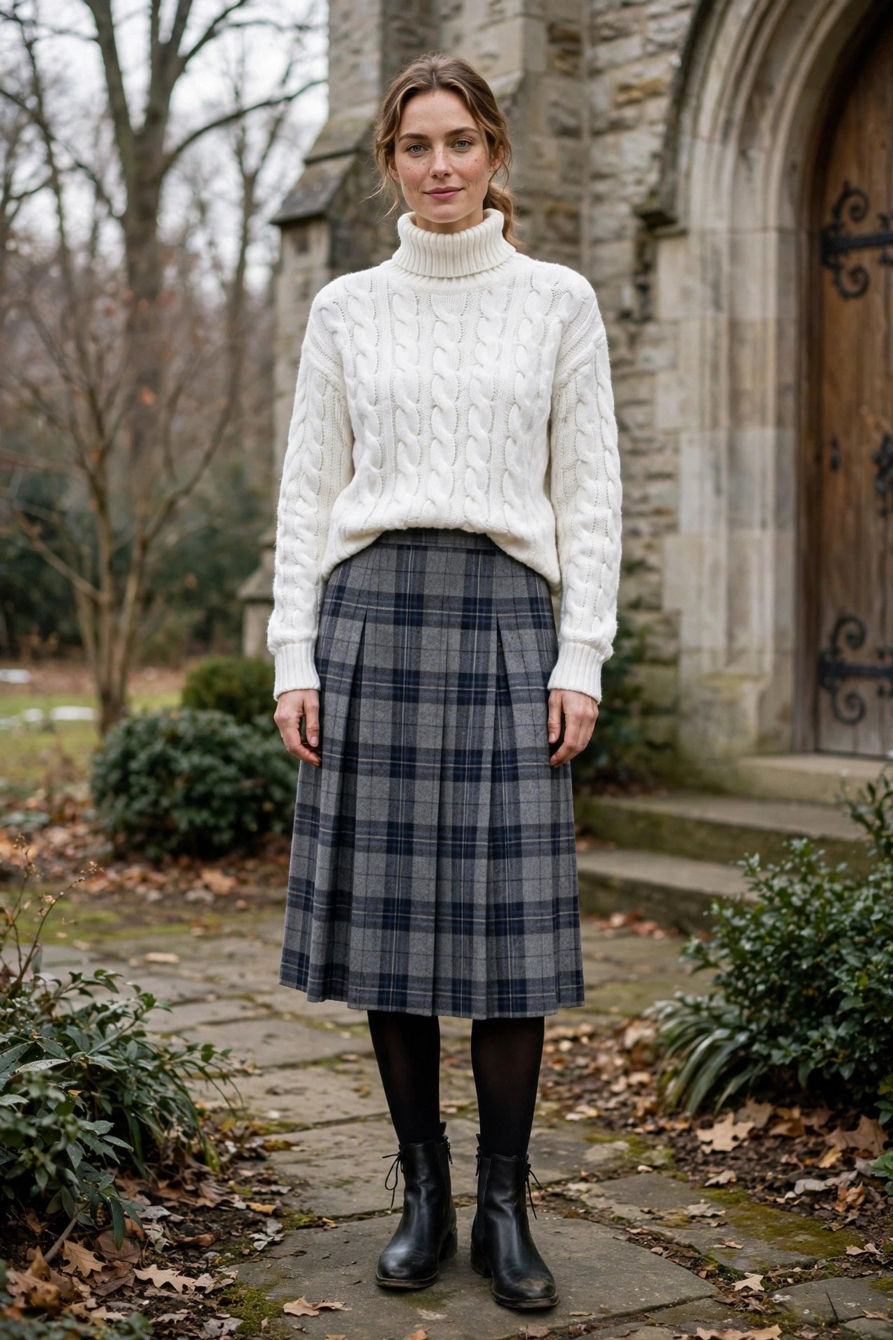 White cable knit sweater with plaid midi skirt