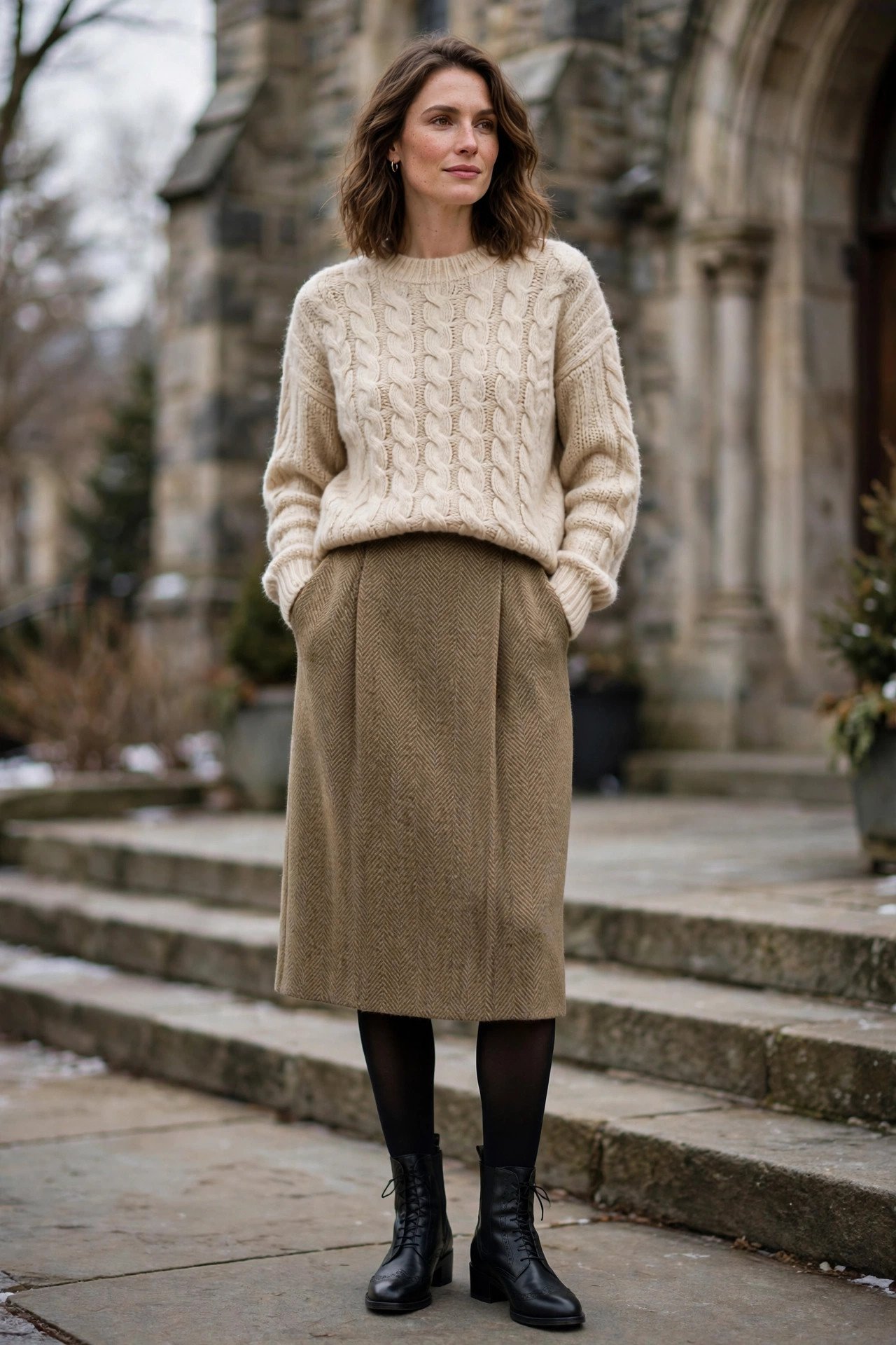 Midi skirt with ankle boots and opaque tights