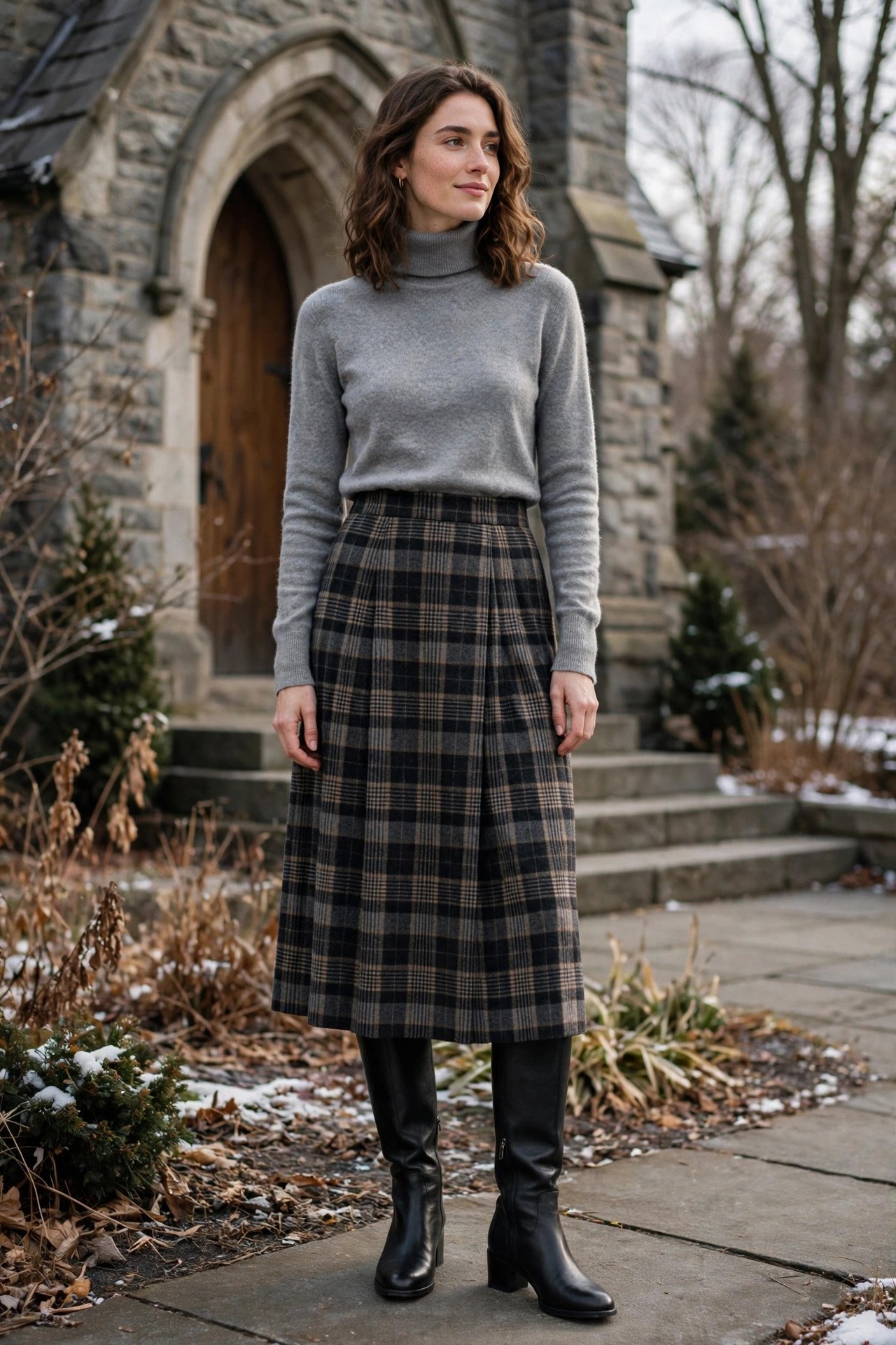 Grey turtleneck with plaid skirt and knee boots
